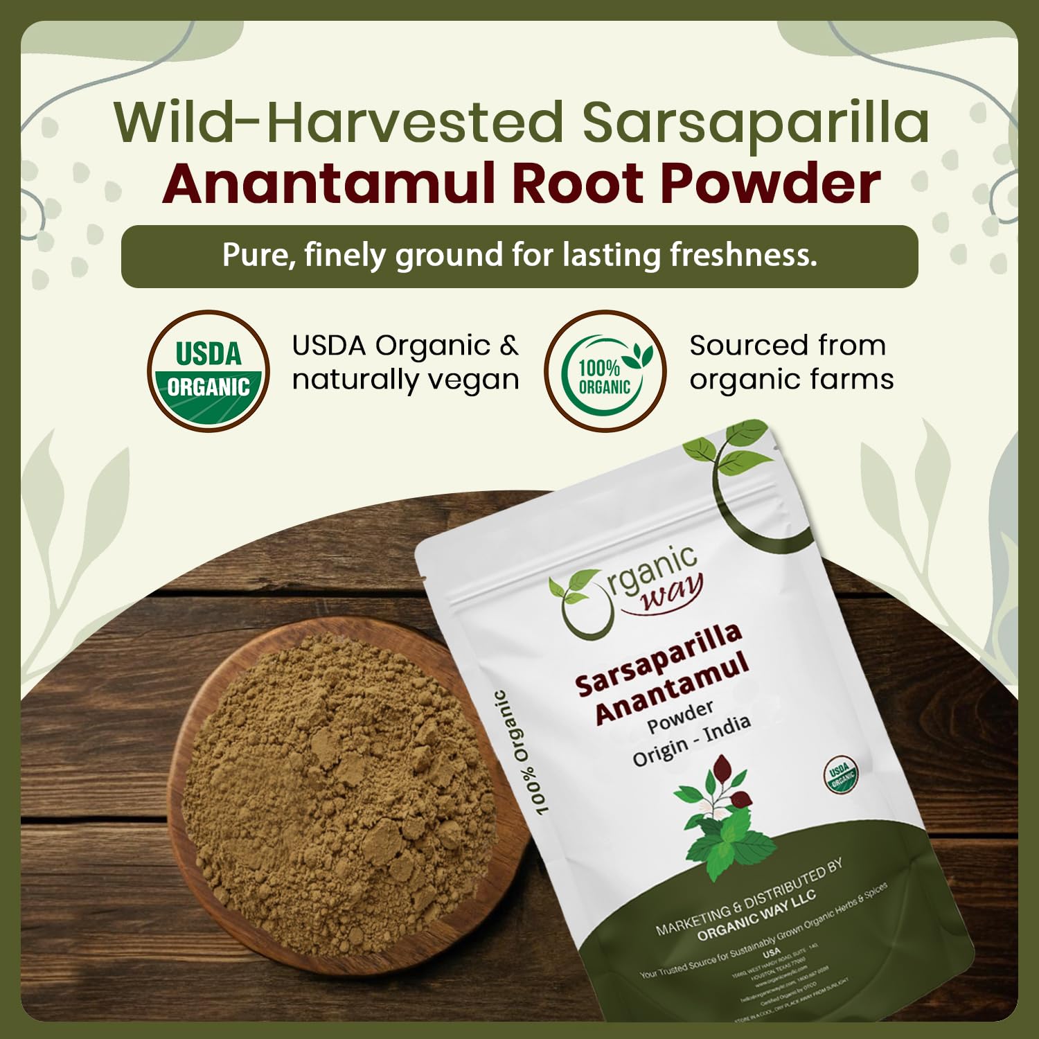 Organic Way Sarsaparilla/Anantamul Root (Hemidesmus indicus) Powder - Herbal Tea | USDA & Kosher Certified | Vegan, Non GMO & Gluten Free | Resealable