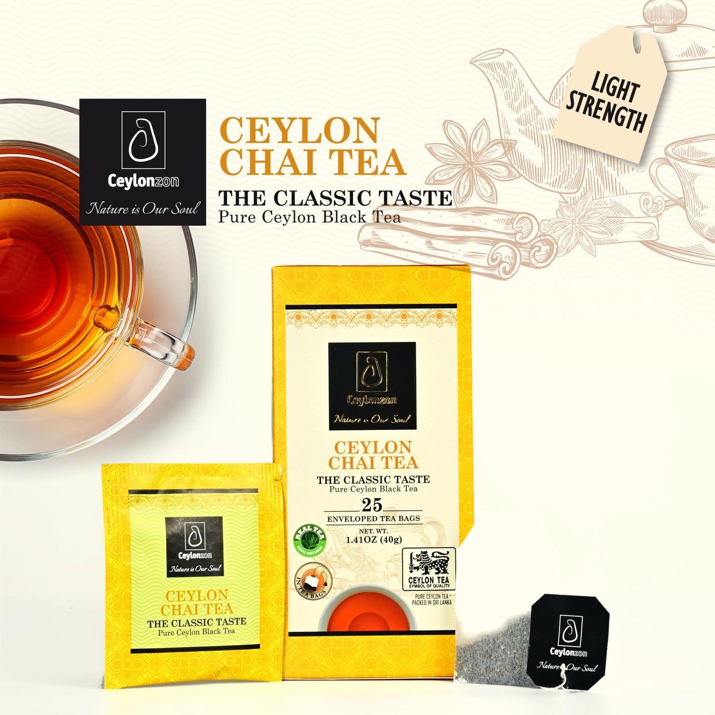 Ceylonzon Chai Tea Classic Taste 25 Individually Foil-Wrapped Tea Bags, Pure Ceylon Black Tea with Naturally Rich Flavor & Spices, Spice Chai Latte