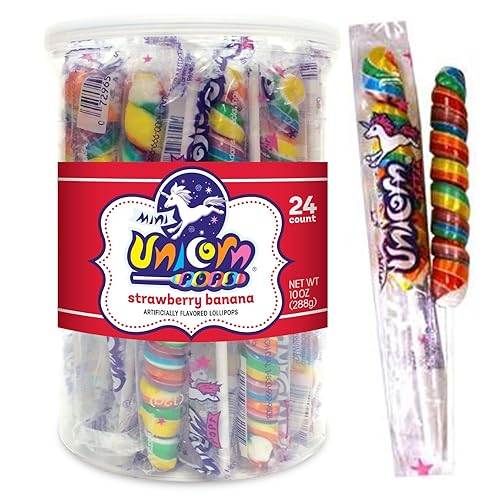 Adams & Brooks Strawberry Banana Mini Unicorn Pops, 10 oz Jar (24 ct.) - Twisty Unicorn Lollipops, Individually Wrapped Candy for Kids & Adults