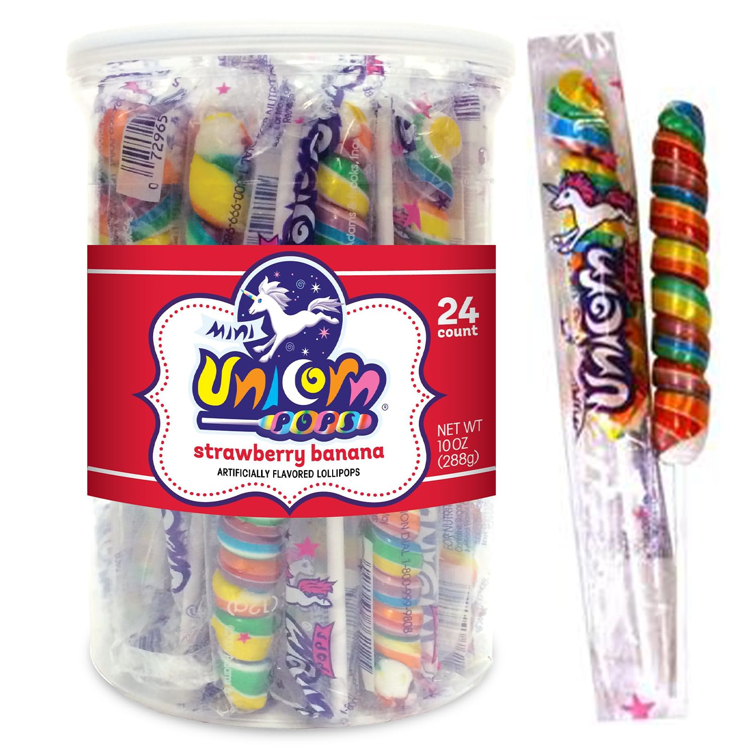 Adams & Brooks Strawberry Banana Mini Unicorn Pops, 10 oz Jar (24 ct.) - Twisty Unicorn Lollipops, Individually Wrapped Candy for Kids & Adults