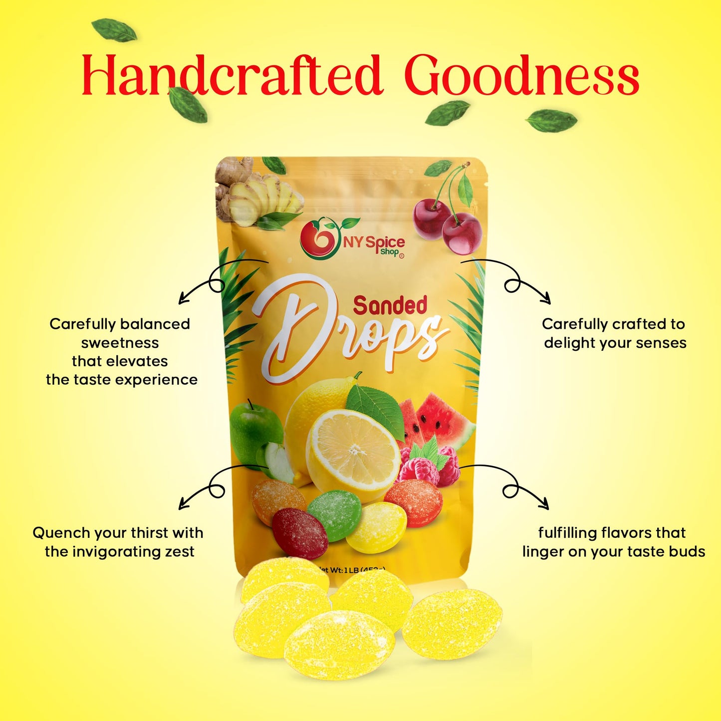NY Spice Shop Sanded Lemon Drops - 1 Pound Lemon Hard Candy - Old Fashioned Candy - Candy Bulk - Tangy and Sweet Delicious Candy - Healthy Snacks
