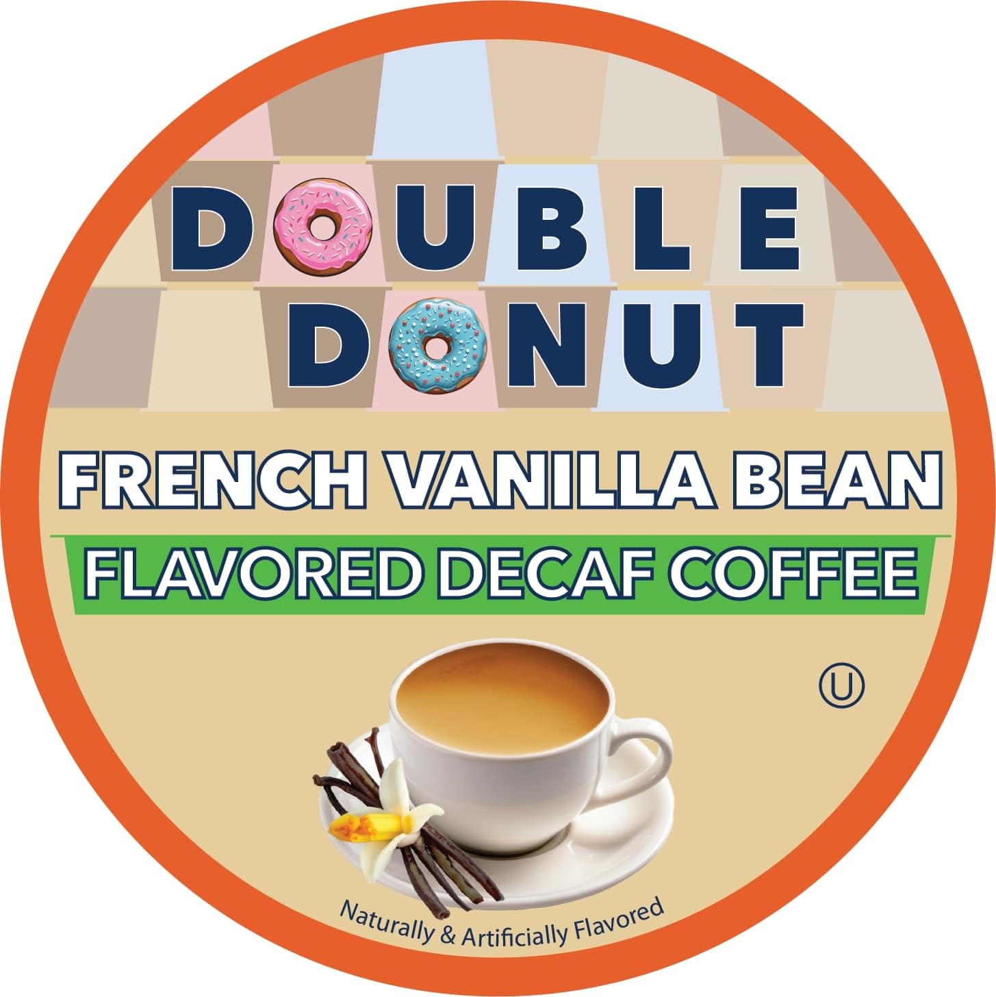 Double Donut Coffee Double Donut Decaf French Vanilla Coffee Pods, Medium Roast Single Serve French Vanilla Bean Decaf Flavored Coffee Pods For Keurig