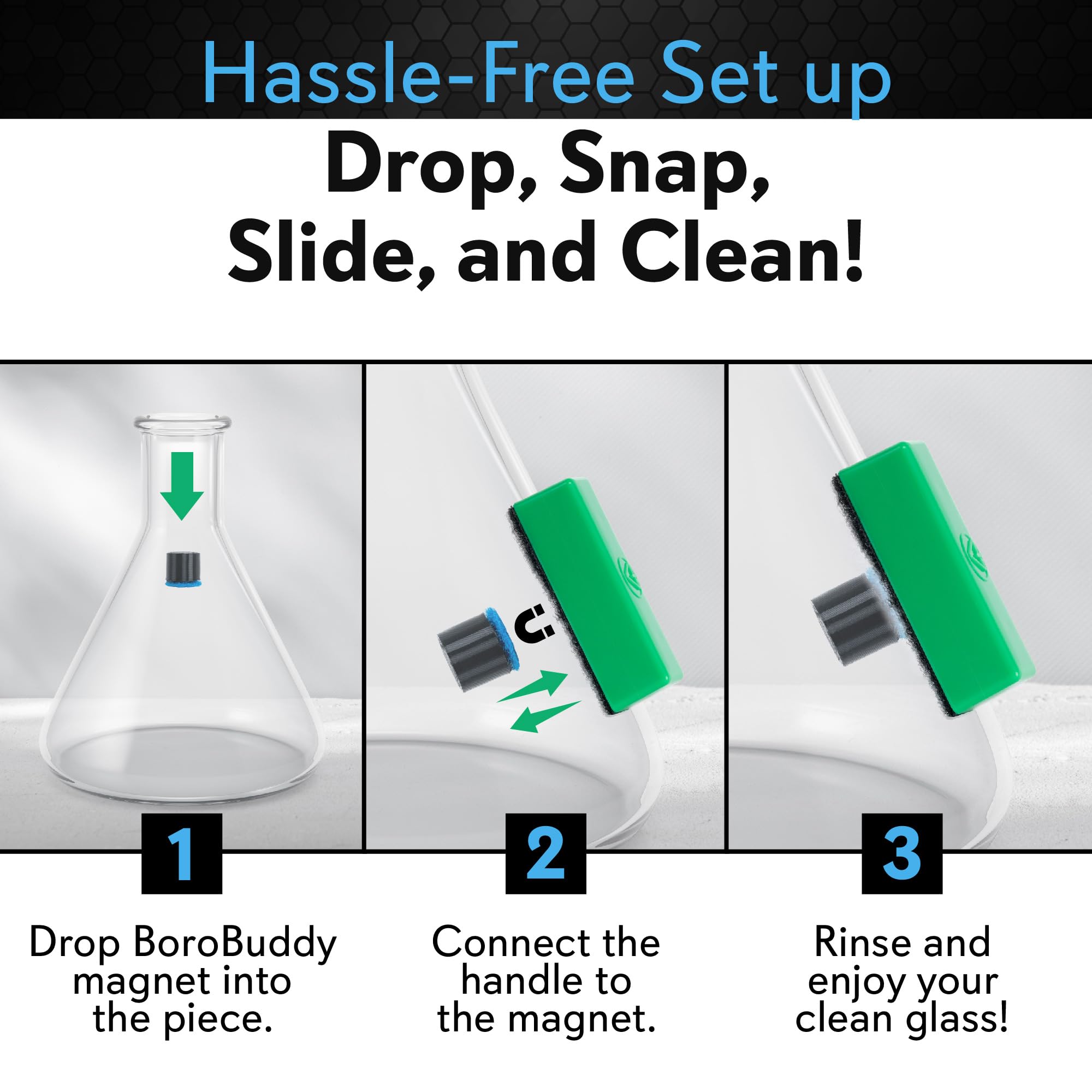 Magnetic Glass Cleaner BoroBuddy Pro | Cleans Hard to Reach Stains on Glass, Ceramic, Metal Pieces of All Shapes & Sizes | Glass Pieces, Bottles