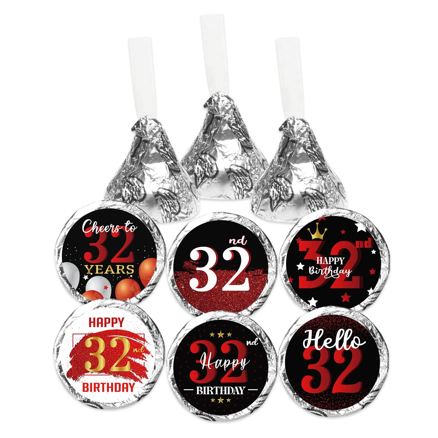 Happy 32nd Birthday Party Favor Labels Chocolate Kisses Candy Stickers - Thirty Two Years Old Birthday Round Candy Sticker Party Favors - Black