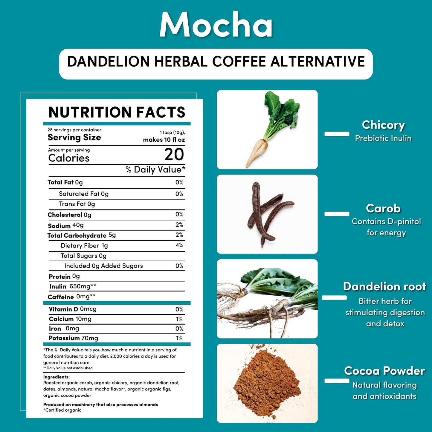Teeccino Dandelion Mocha Herbal Coffee - Caffeine-Free Coffee Alternative with Prebiotics, Gluten Free, Acid Free - Medium Roast, 10 oz