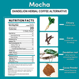 Teeccino Dandelion Mocha Herbal Coffee - Caffeine-Free Coffee Alternative with Prebiotics, Gluten Free, Acid Free - Medium Roast, 10 oz