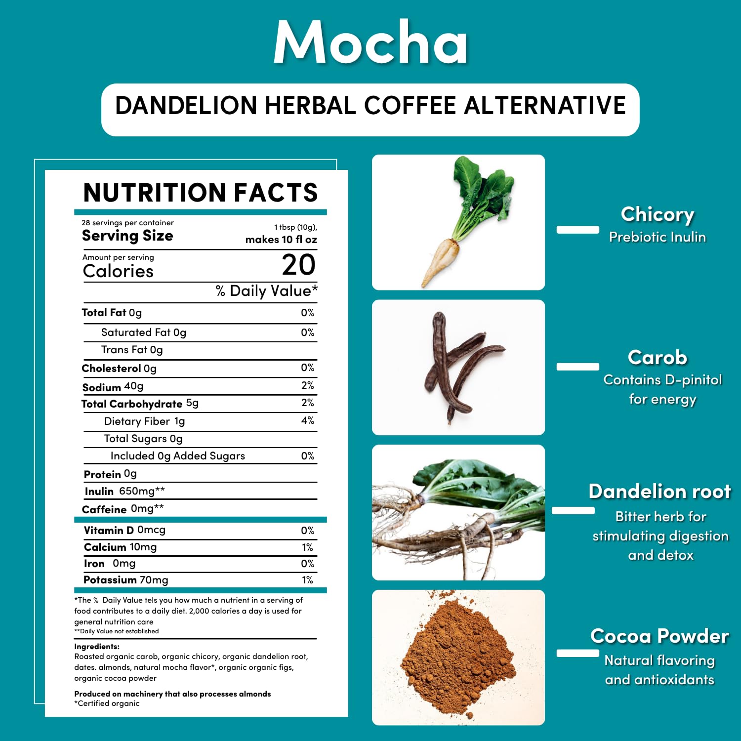 Teeccino Dandelion Mocha Herbal Coffee - Caffeine-Free Coffee Alternative with Prebiotics, Gluten Free, Acid Free - Medium Roast, 10 oz