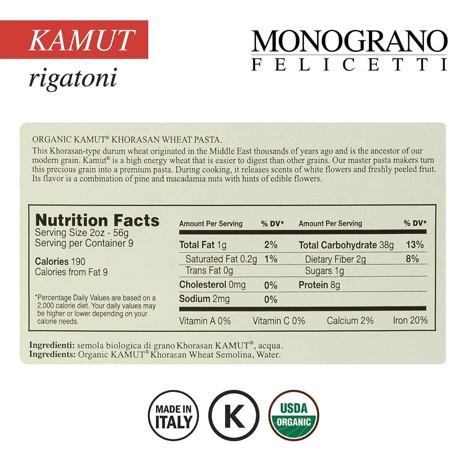 Monograno Felicetti Italian Organic Rigatoni Pasta Made with Kamut 1.1 lb - Pack of 4