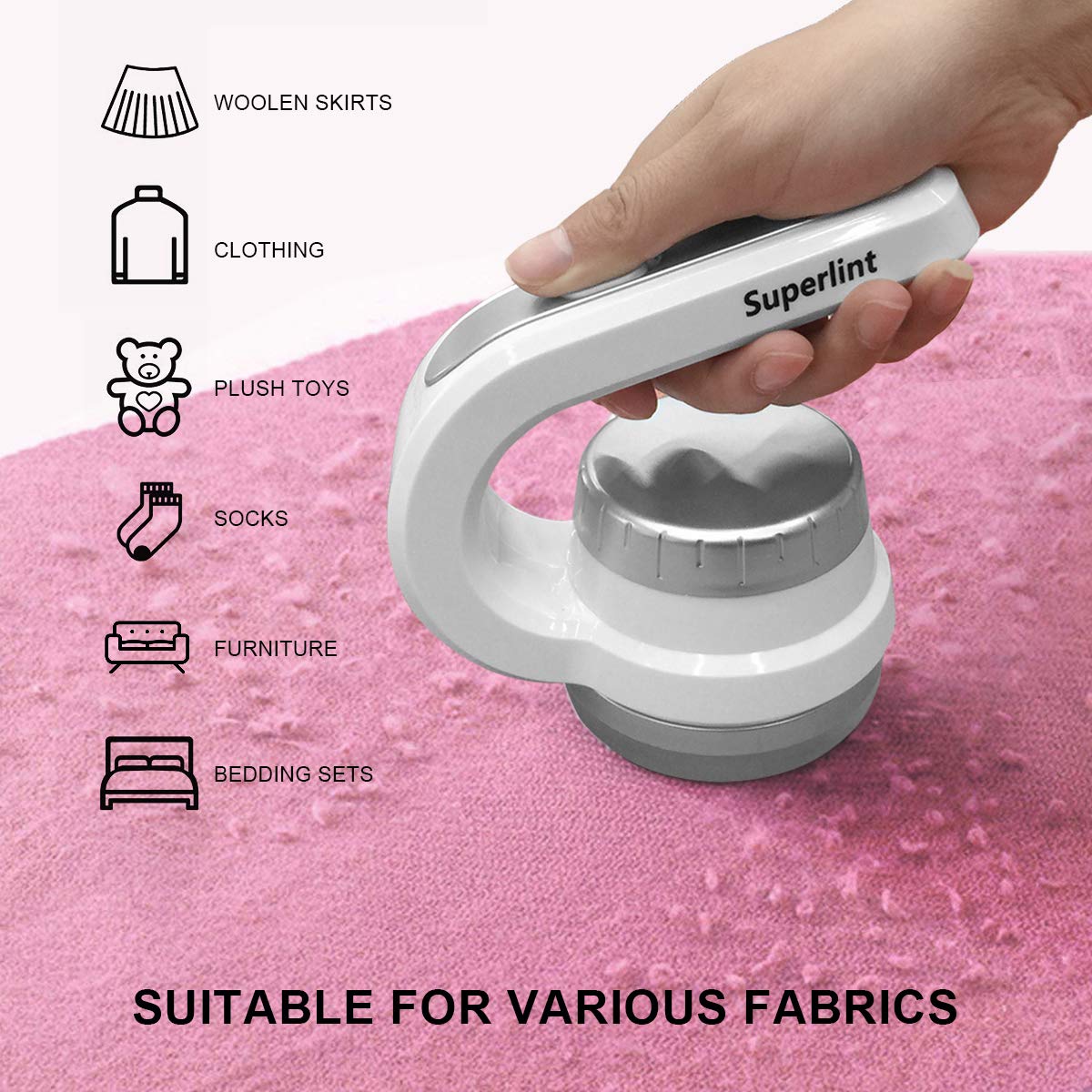 SUPERLINT Fabric Shaver and Lint Remover, Battery Operated Sweater Shaver Best Fuzz Pill Bobble Remover for Bedding, Clothing and Furniture, White