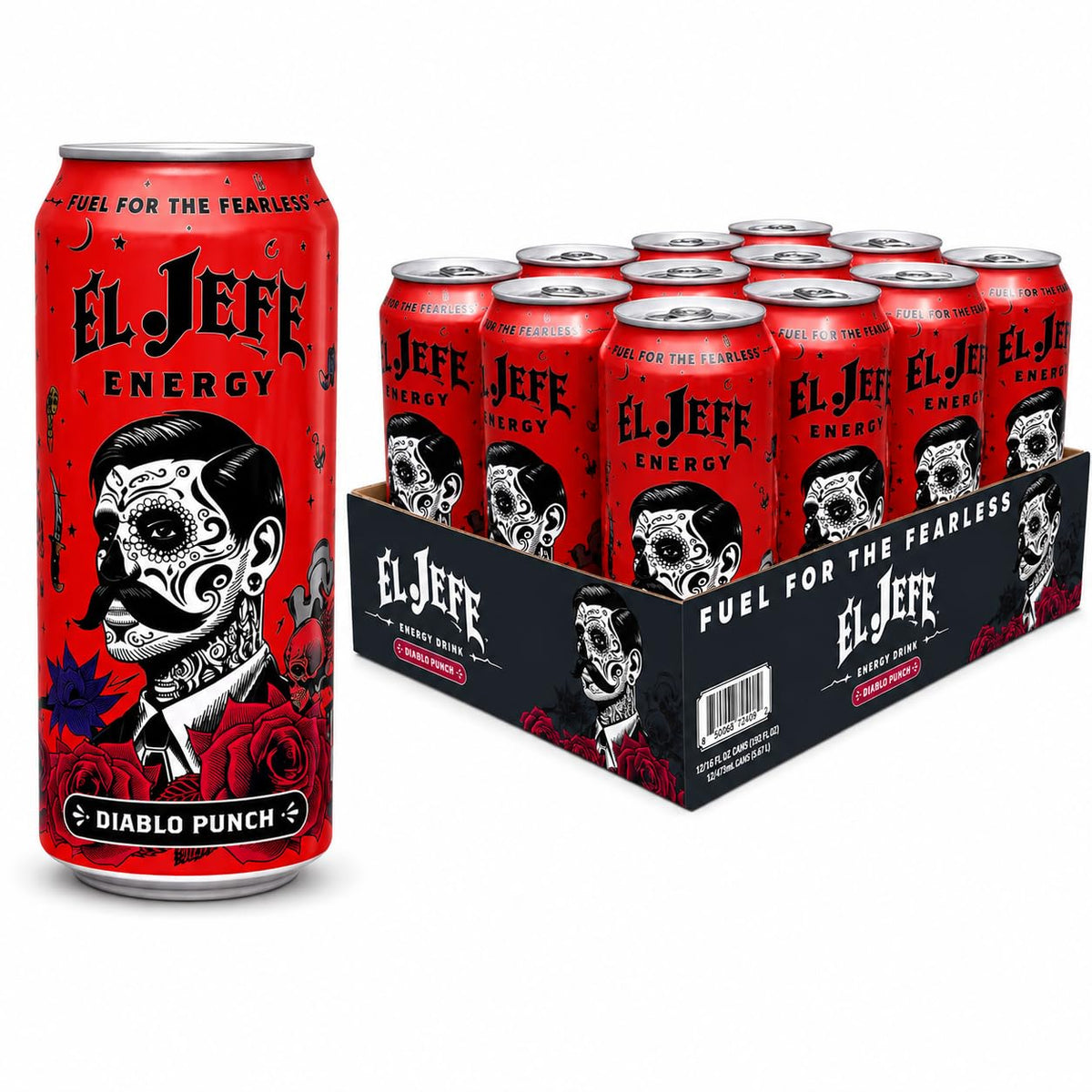 EL JEFE Energy Drink, Diablo Punch, Zero Sugar, 16 fl oz Cans, 12-Pack
