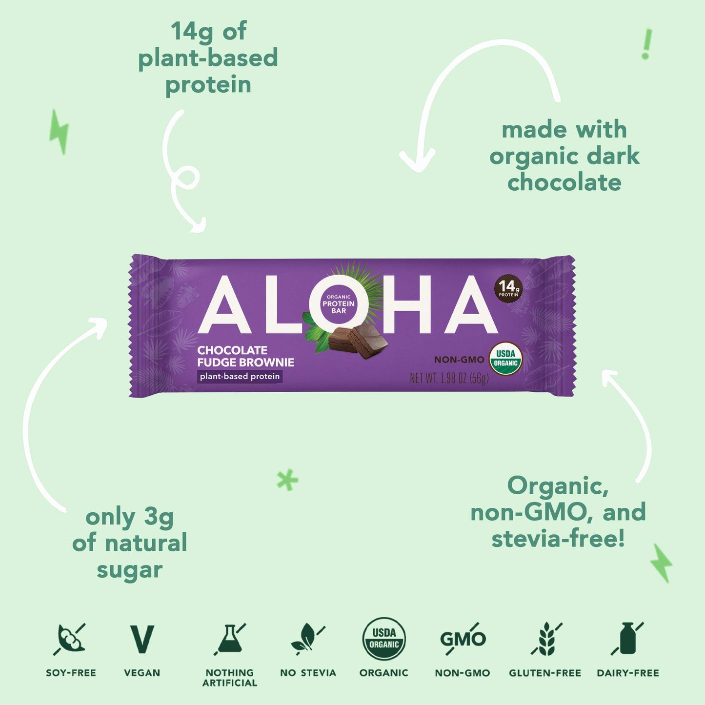 ALOHA Organic Plant Based Protein Bars 4-Pack - Chocolate Fudge Brownie - 1.98oz Bars - Vegan, Low Sugar, Gluten-Free, Paleo, Low Carb, Non-GMO
