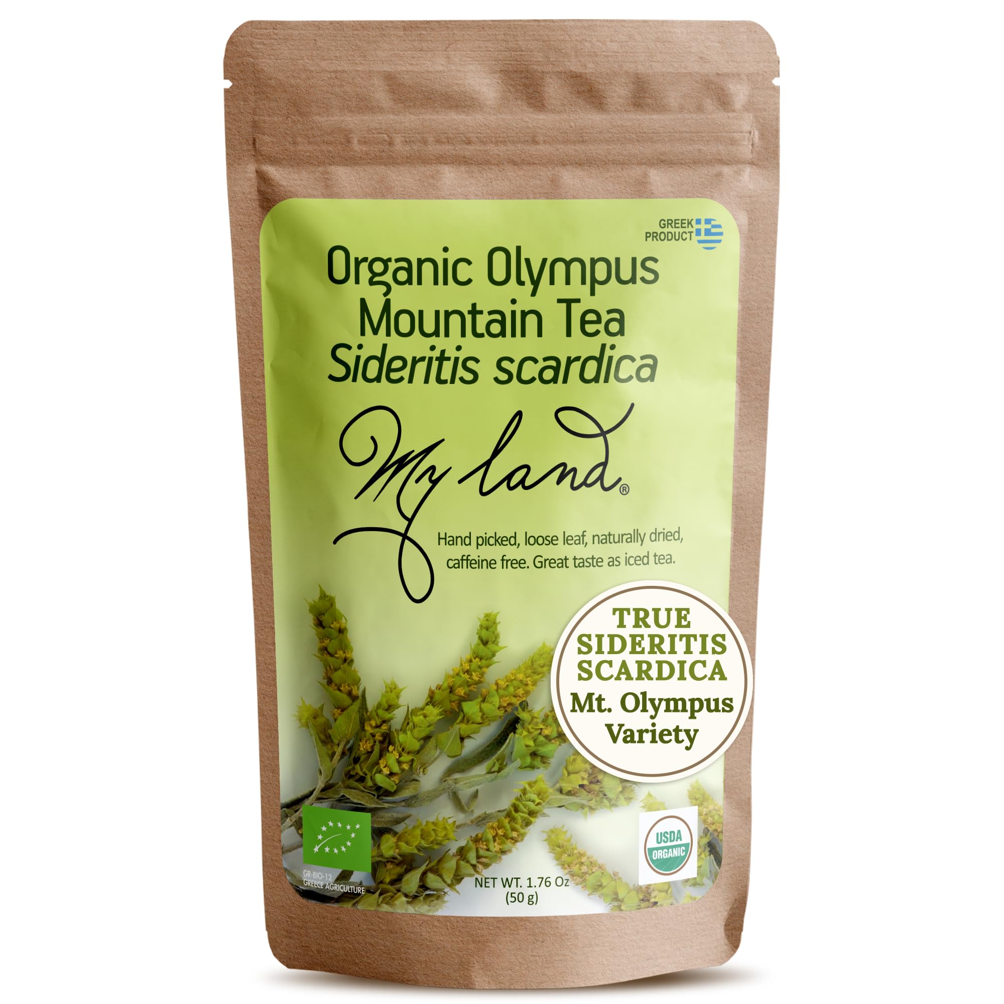 My Land Organic Greek Mountain Tea (Sideritis Scardica) - Loose Leaf Ironwort Hand-Picked from Mount Olympus, Greece, 1.76oz (50g) | Traditional