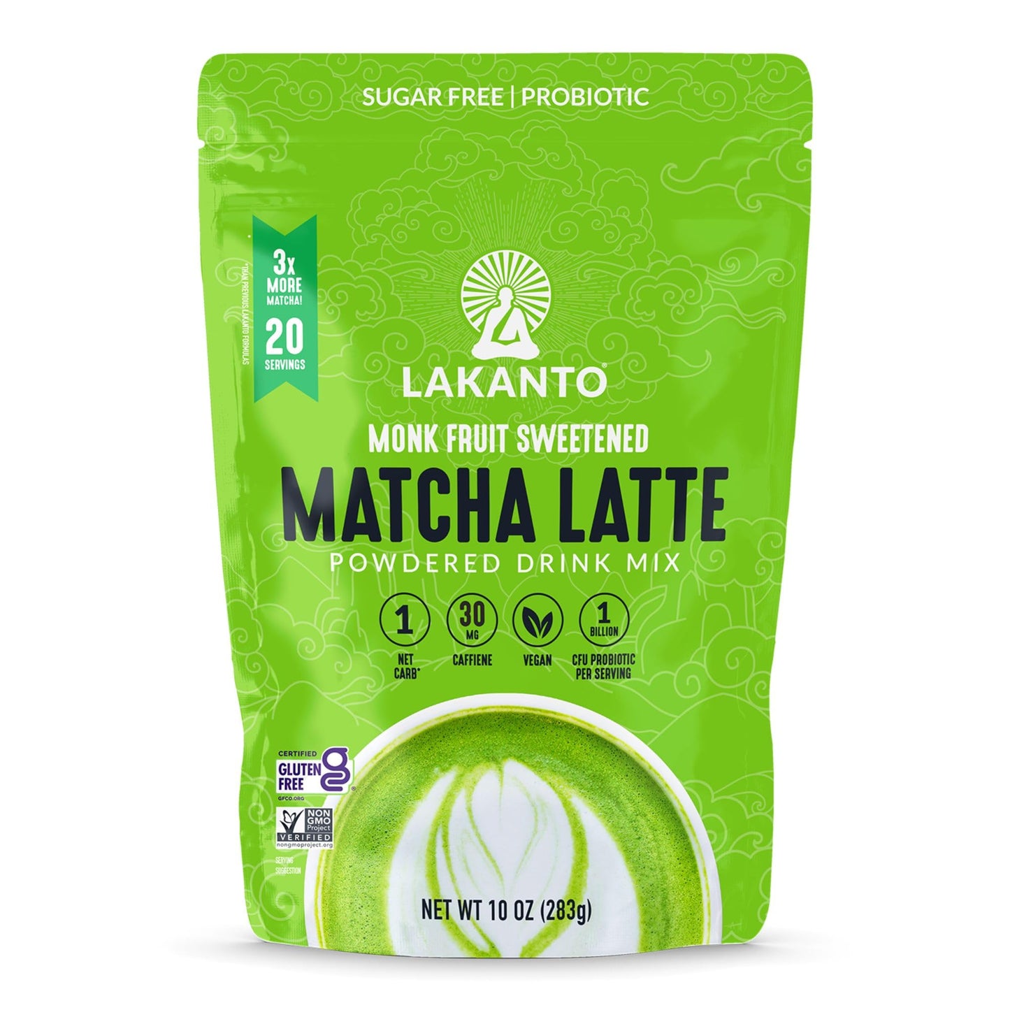 Lakanto Sugar Free Matcha Latte - Green Tea Powder with Shelf Stable Probiotics and Fiber, Sugar Free, Monk Fruit Sweetener, Keto Diet Friendly
