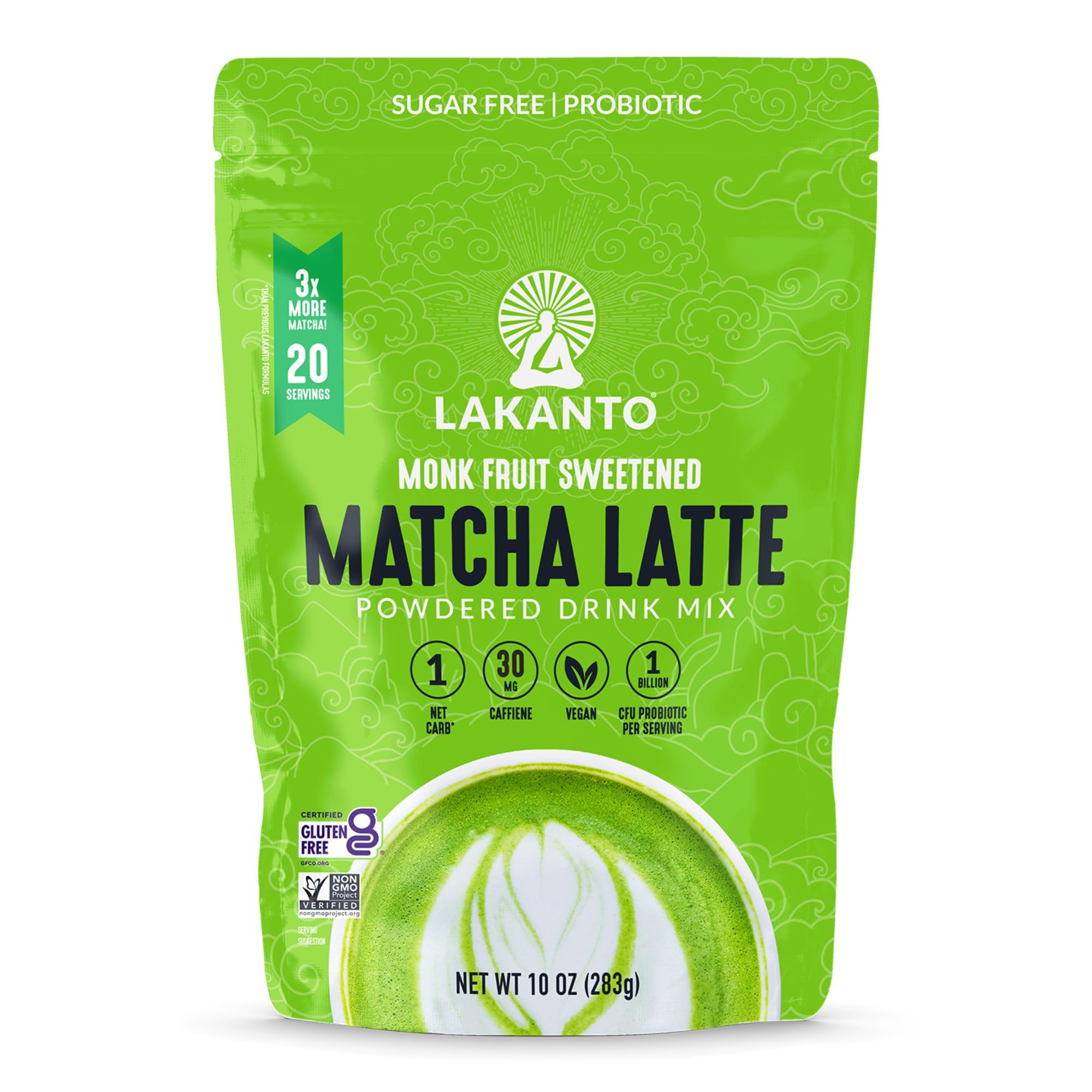 Lakanto Sugar Free Matcha Latte - Green Tea Powder with Shelf Stable Probiotics and Fiber, Sugar Free, Monk Fruit Sweetener, Keto Diet Friendly