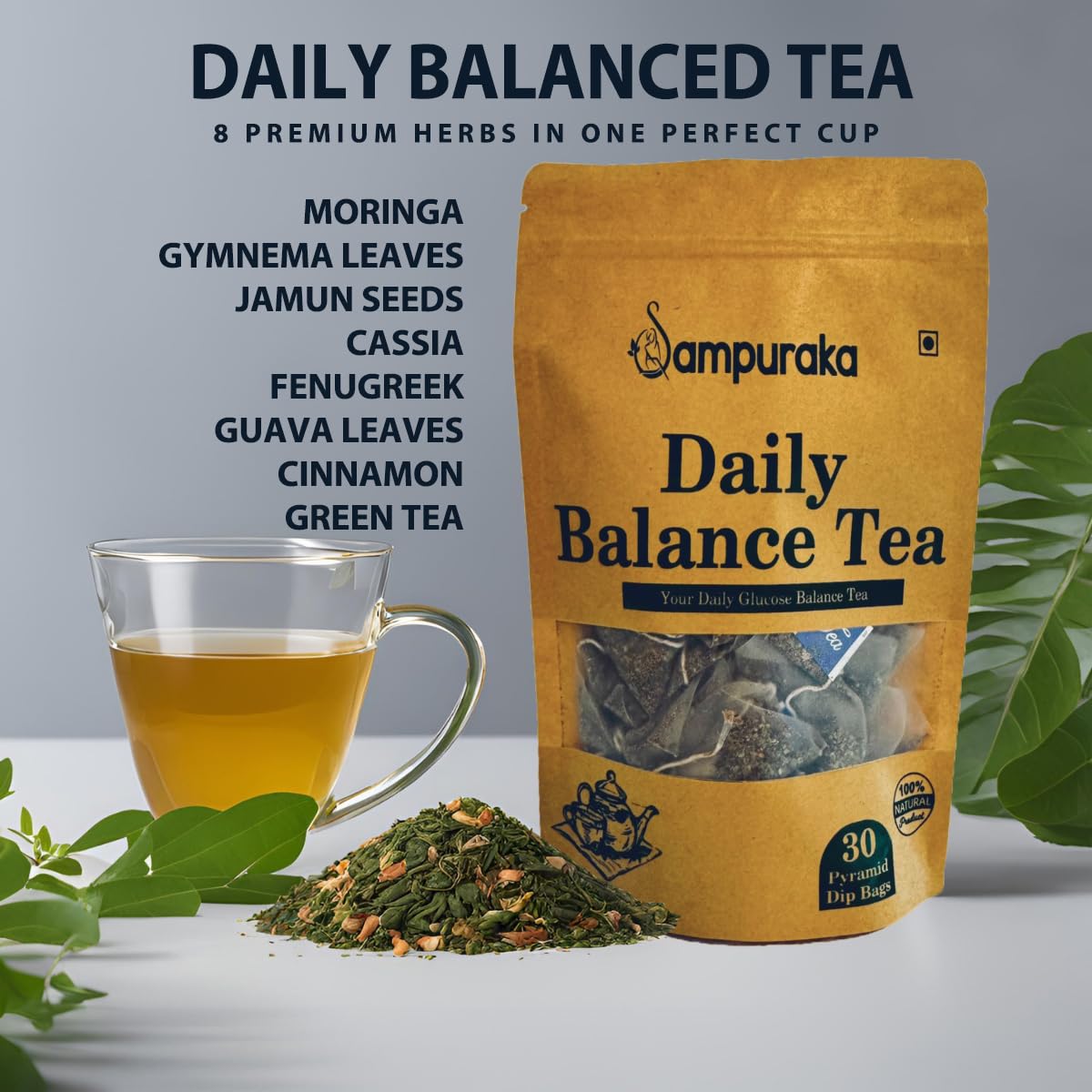 Daily Balance Tea - Natural Herbal Tea with Moringa, Gymnema, Jamun seeds, Cassia, Fenugreek, Guava leaves, Cinnamon - 30 Pyramid Tea Bags (1)