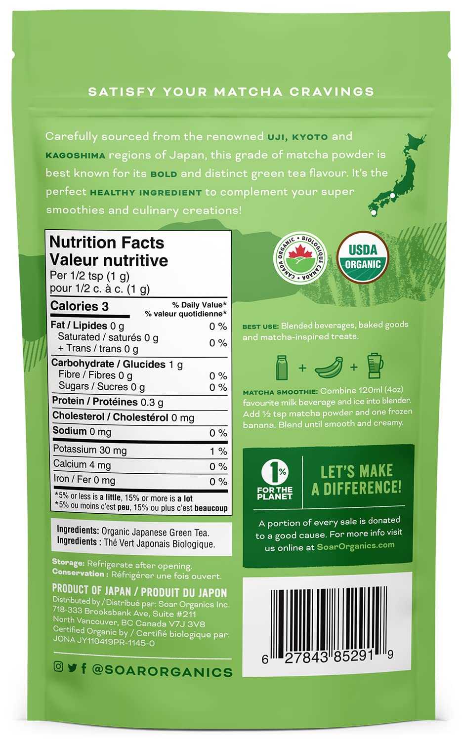 Soar Organics - Culinary Grade Matcha Green Tea Powder - Authentic Japanese Origin - For Lattes, Smoothies & Baking (3.52 oz)