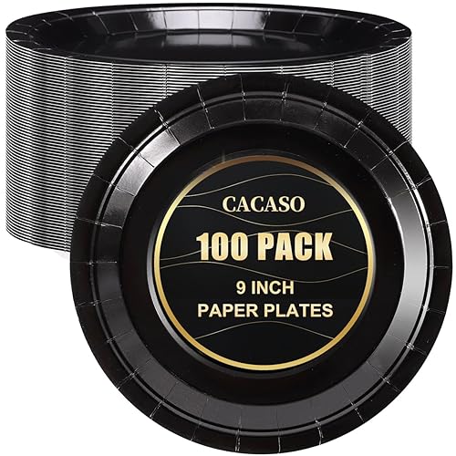 CACASO 100 PCS Black Paper Plates, 9 Inches, Contemporary Style, Round, Disposable, Heavy-Duty, Ideal for Parties, Weddings, and Holidays