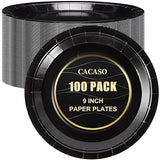 CACASO 100 PCS Black Paper Plates, 9 Inches, Contemporary Style, Round, Disposable, Heavy-Duty, Ideal for Parties, Weddings, and Holidays