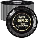 CACASO 100 PCS Black Paper Plates, 9 Inches, Contemporary Style, Round, Disposable, Heavy-Duty, Ideal for Parties, Weddings, and Holidays