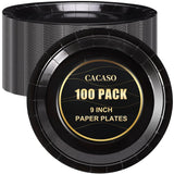 CACASO 100 PCS Black Paper Plates, 9 Inches, Contemporary Style, Round, Disposable, Heavy-Duty, Ideal for Parties, Weddings, and Holidays
