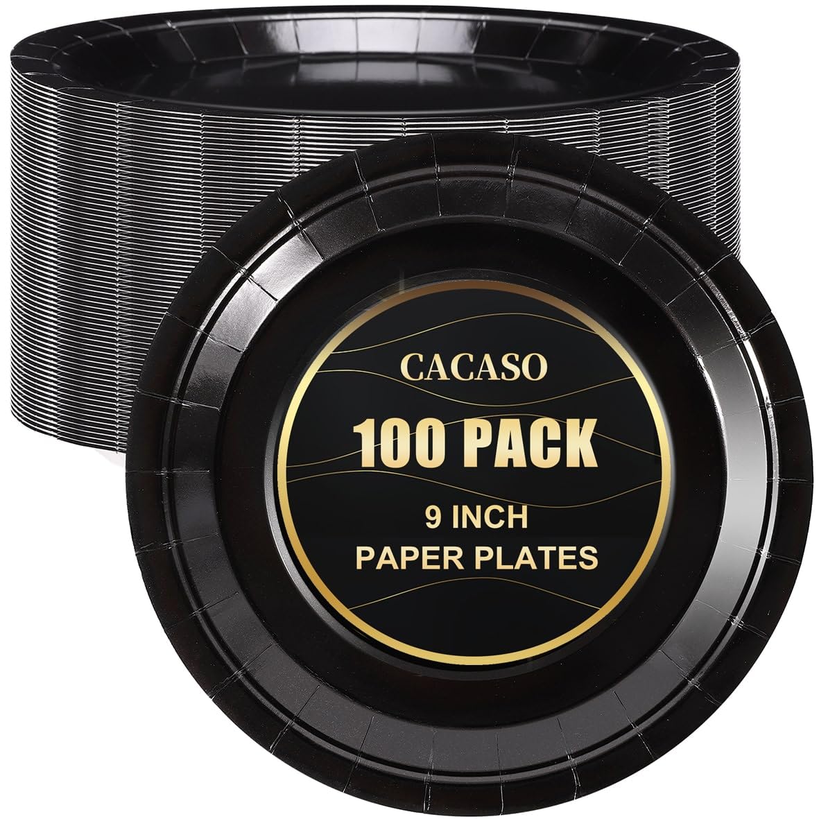 CACASO 100 PCS Black Paper Plates, 9 Inches, Contemporary Style, Round, Disposable, Heavy-Duty, Ideal for Parties, Weddings, and Holidays