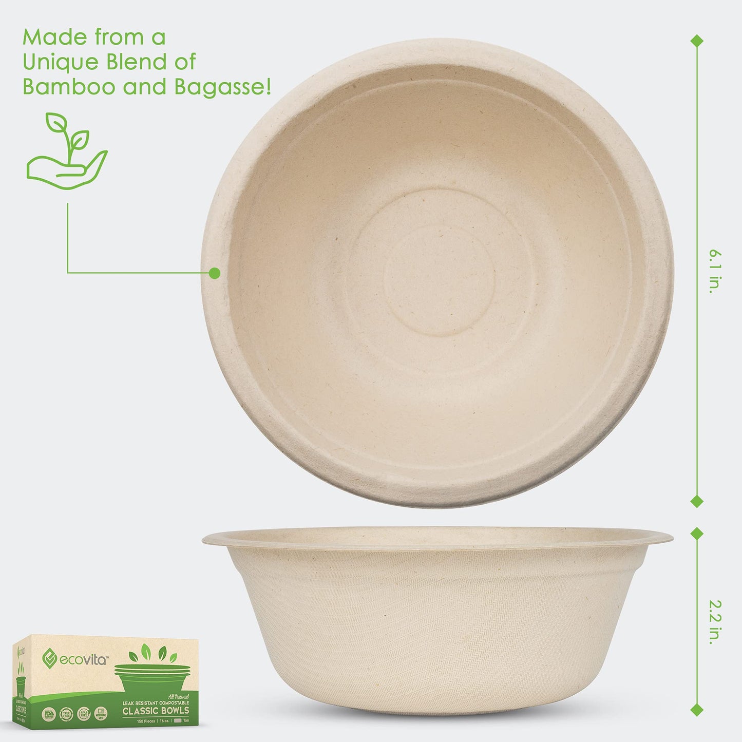 Ecovita 100% Compostable Paper Bowls [16 oz.] - 150 Disposable Bowls Eco Friendly Sturdy Tree Free Liquid and Heat Resistant Alternative to Plastic or