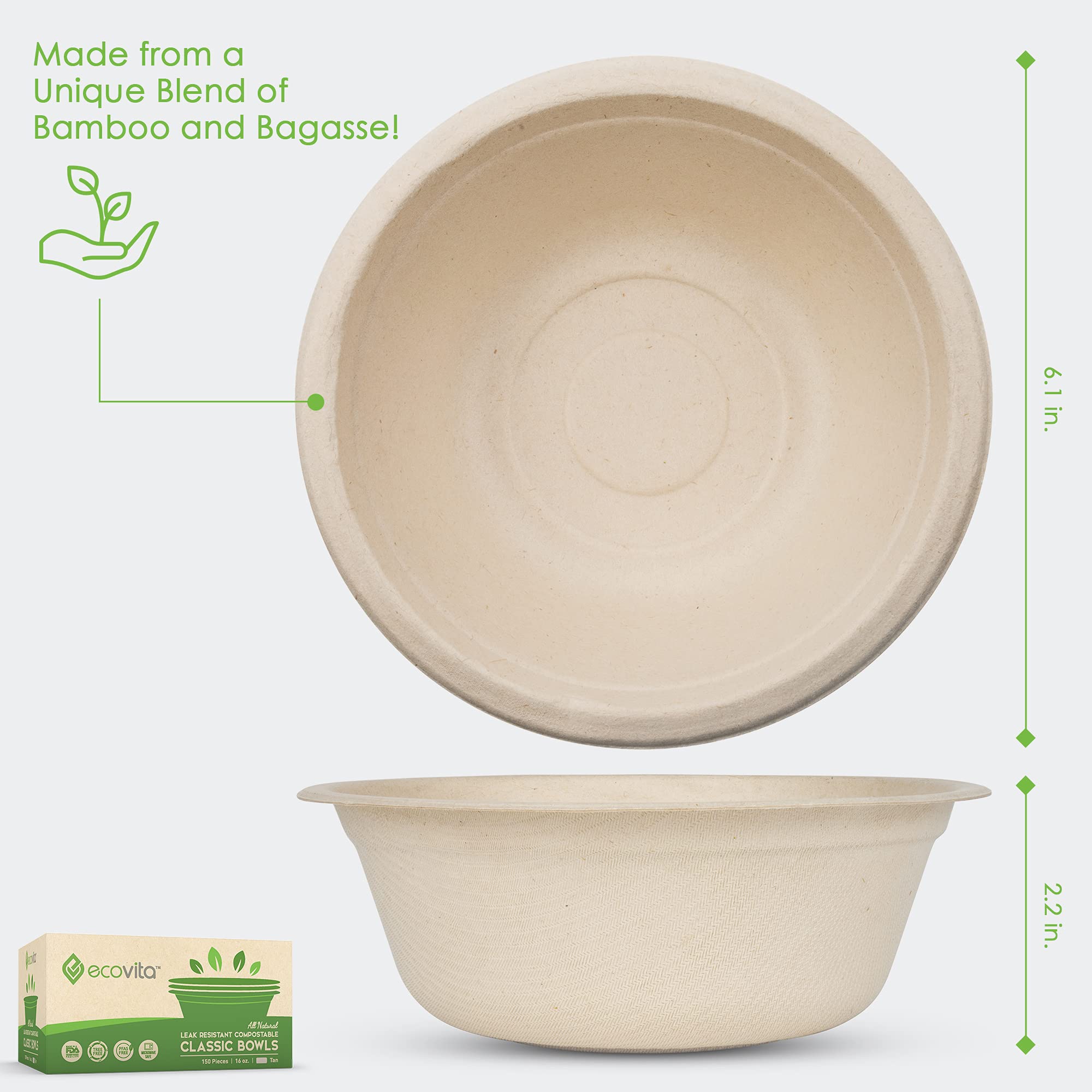 Ecovita 100% Compostable Paper Bowls [16 oz.] - 150 Disposable Bowls Eco Friendly Sturdy Tree Free Liquid and Heat Resistant Alternative to Plastic or