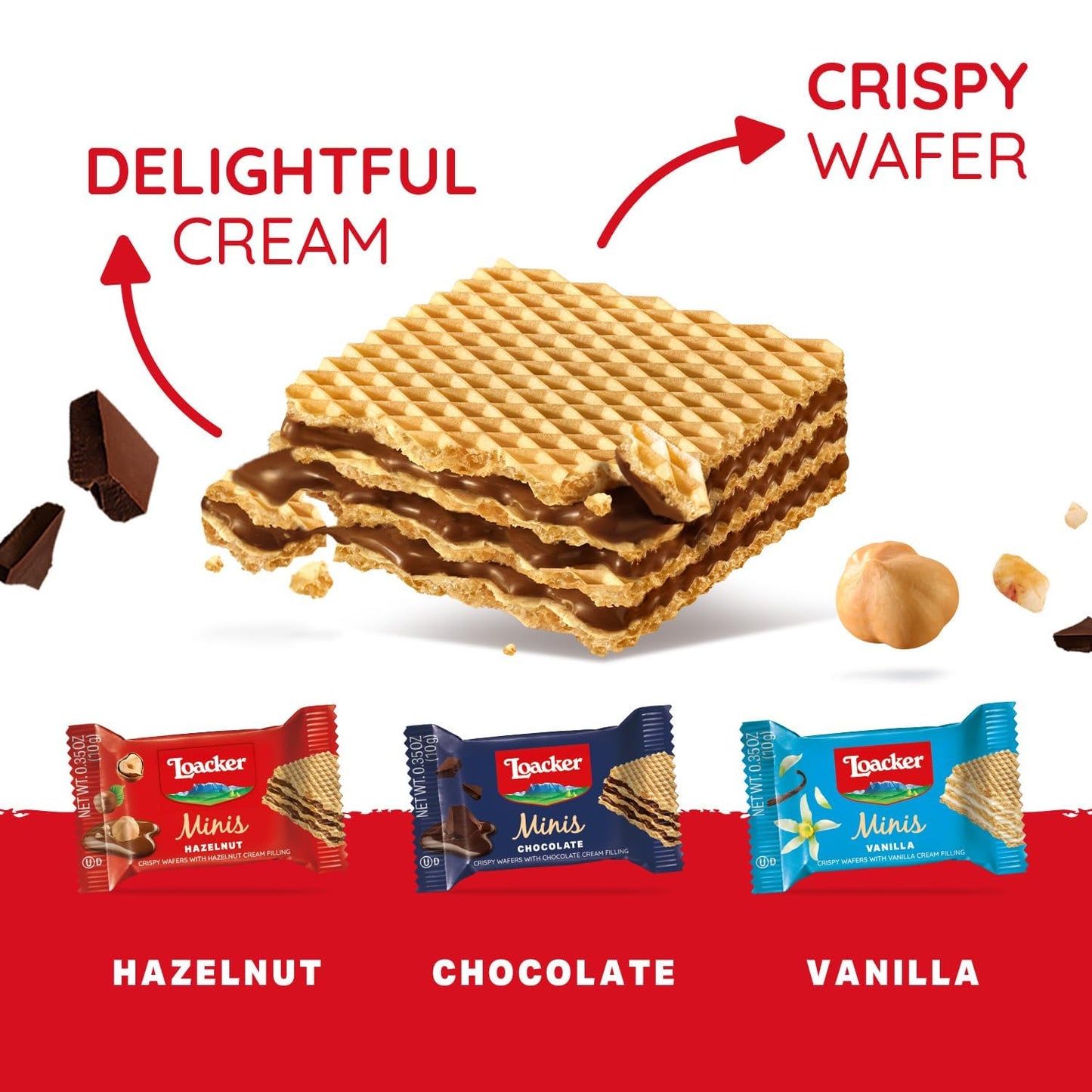 Loacker Minis Wafer Variety Pack - 30% Less Sugar - Premium Cream Filled Wafer Cookies - Mix of Hazelnut, Chocolate and Vanilla - NON-GMO