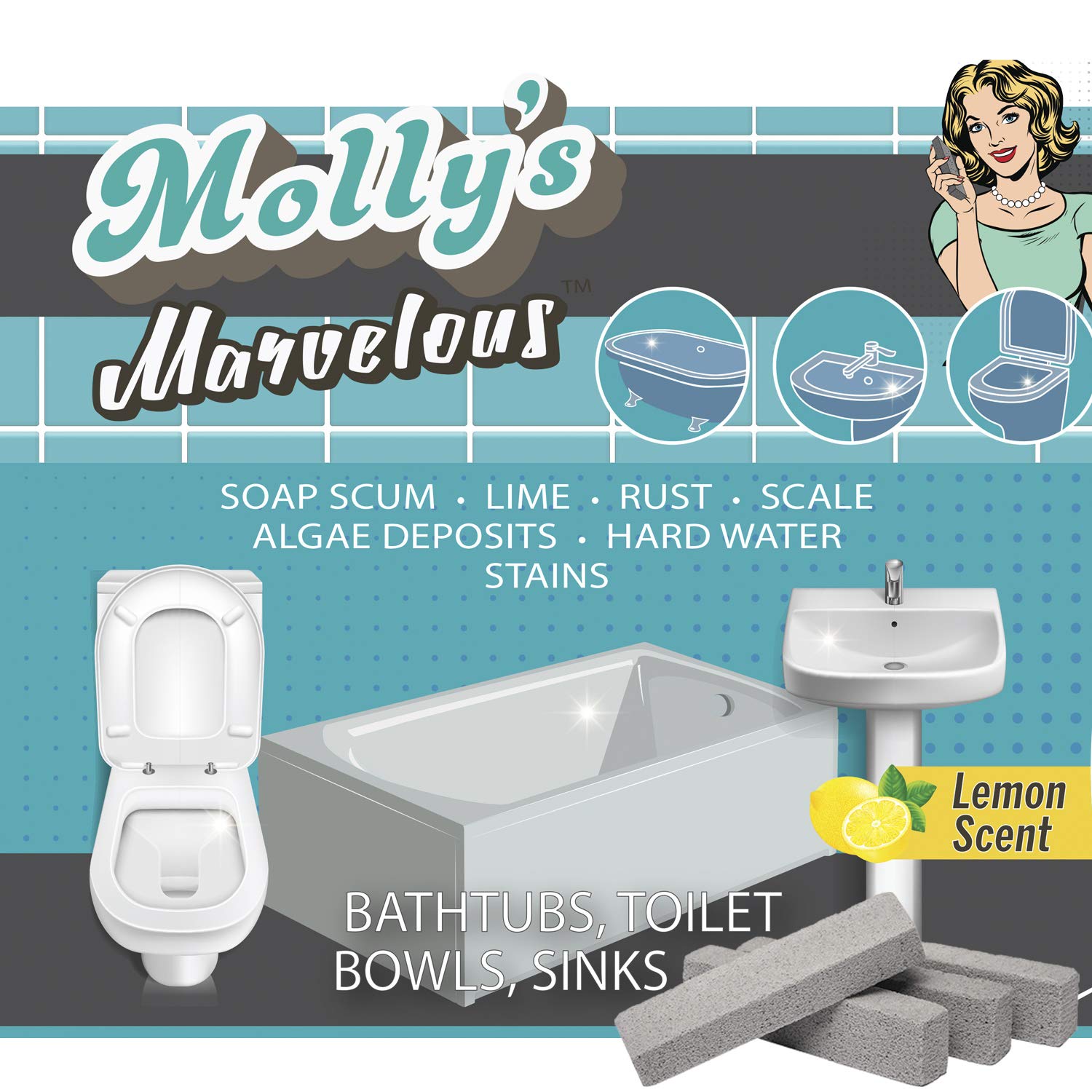Molly's Marvelous Scrubbing Sticks, Pumice Stones for Tiles, Bathroom, Kitchen, and Hard Water, Household Cleaning Tool, 4pk