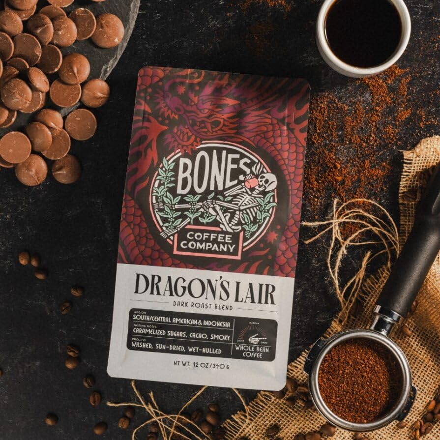 Bones Coffee Company Dragon's Lair - Dark Roast Coffee - Whole Bean - Low-Acid Arabica Coffee Beans - South/Central America and Indonesia Grown