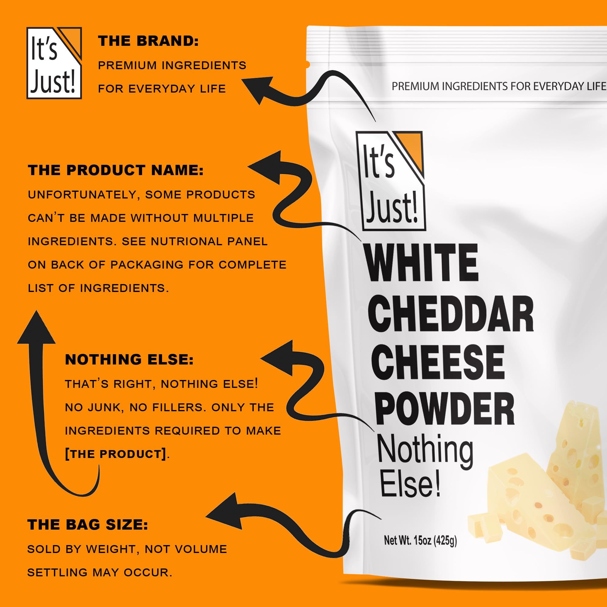 It's Just - White Cheddar Cheese Powder, Traditional Sharp Flavor, Made in USA, rBST/rBGH Hormone Free, 15oz, Shelf Stable, Make Cheese Sauce