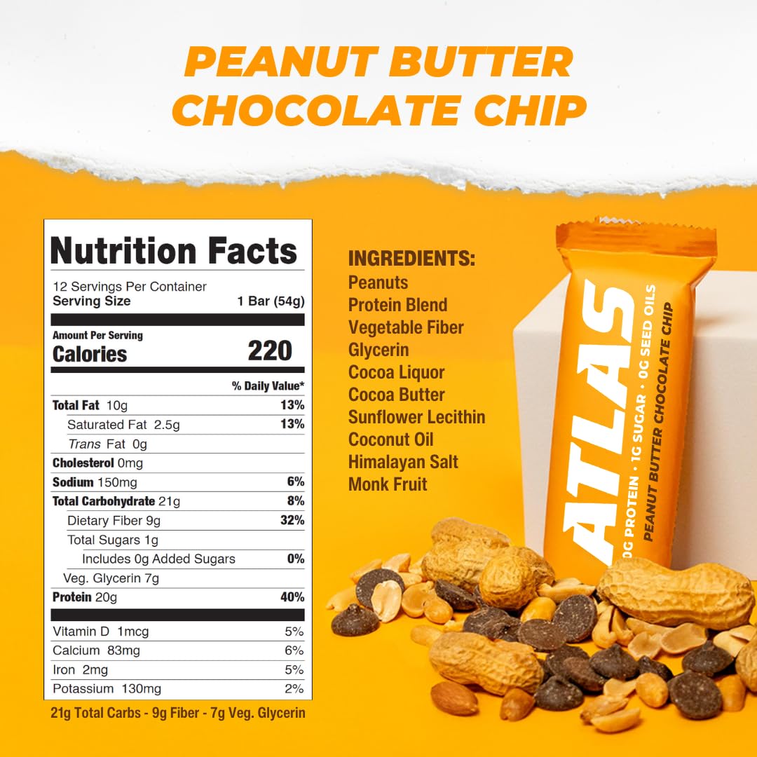 Atlas Real Food Protein Bar - 20g Clean Protein, 1g Sugar, No Seed Oils, No Artificial Sweeteners (Peanut Butter Chocolate Chip, 36 Count)