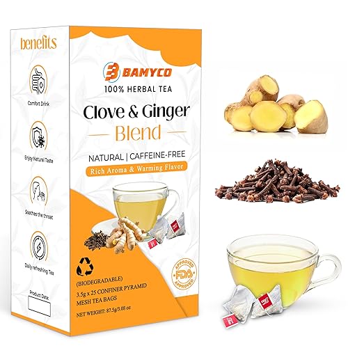 Herbal Tea Bags for Cloves Whole & Ginger Tea Bags 25 Pyramid Bags (3.5g Each) Ginger Root & Clove Tea Bags for English breakfast Tea - Caffeine Free