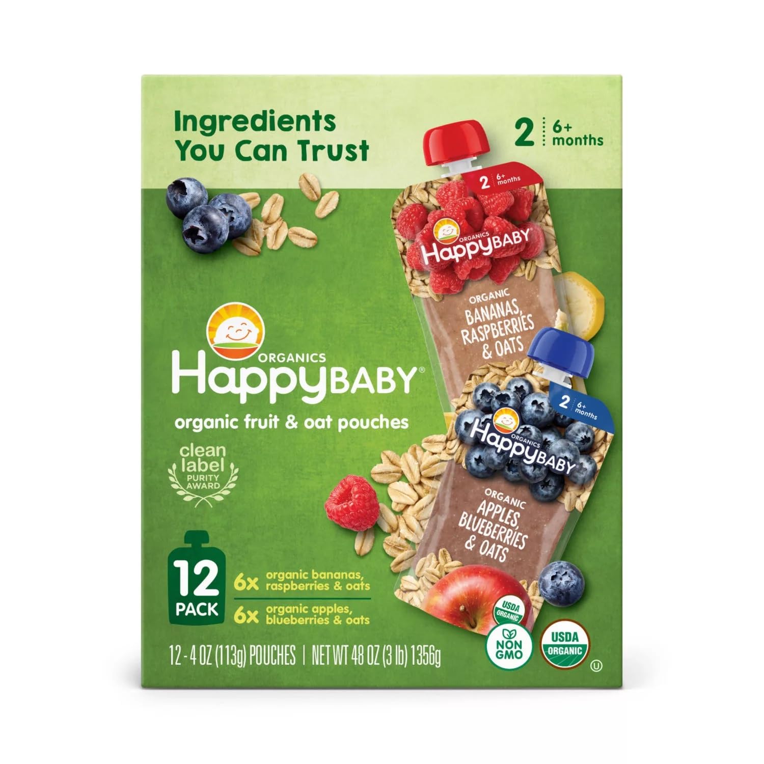 HappyBABY Organics Clearly Crafted Fruit & Oat Pouches Variety Pack, 4oz (12 Pk)