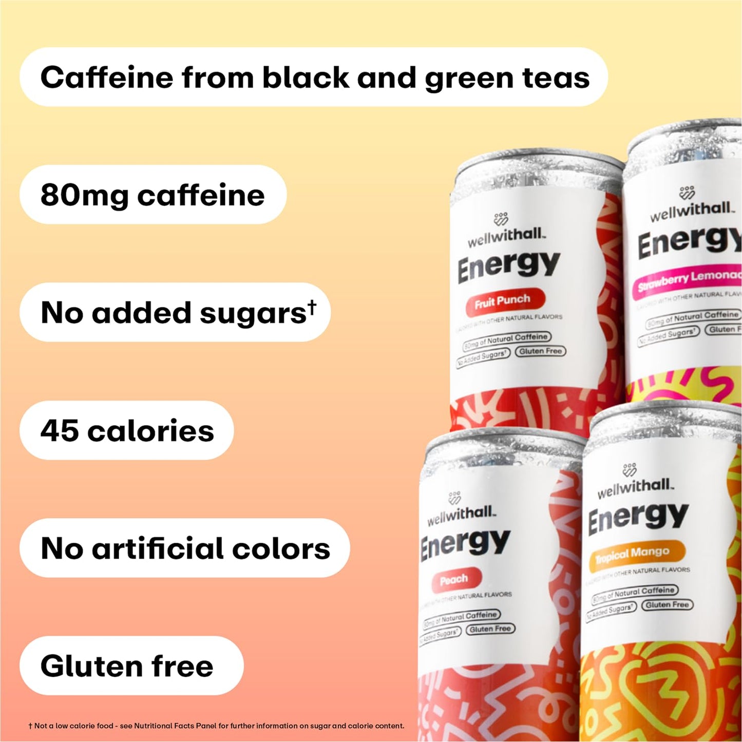 WellWithAll Energy Drink Variety Pack, Strawberry Lemonade, Fruit Punch, Tropical Mango, Peach Flavors, Caffeine from Tea, With Vitamin C, Lightly