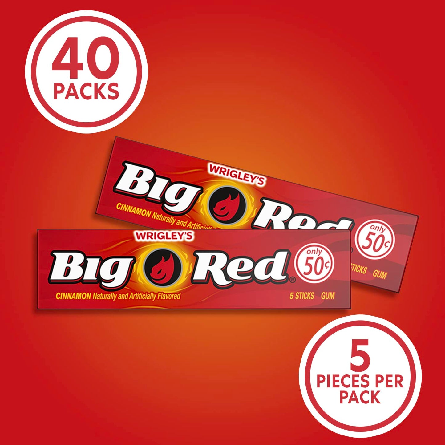 WRIGLEY'S BIG RED Chewing Gum Bulk Pack, 5 Sticks Per Pack (40 Total Packs)