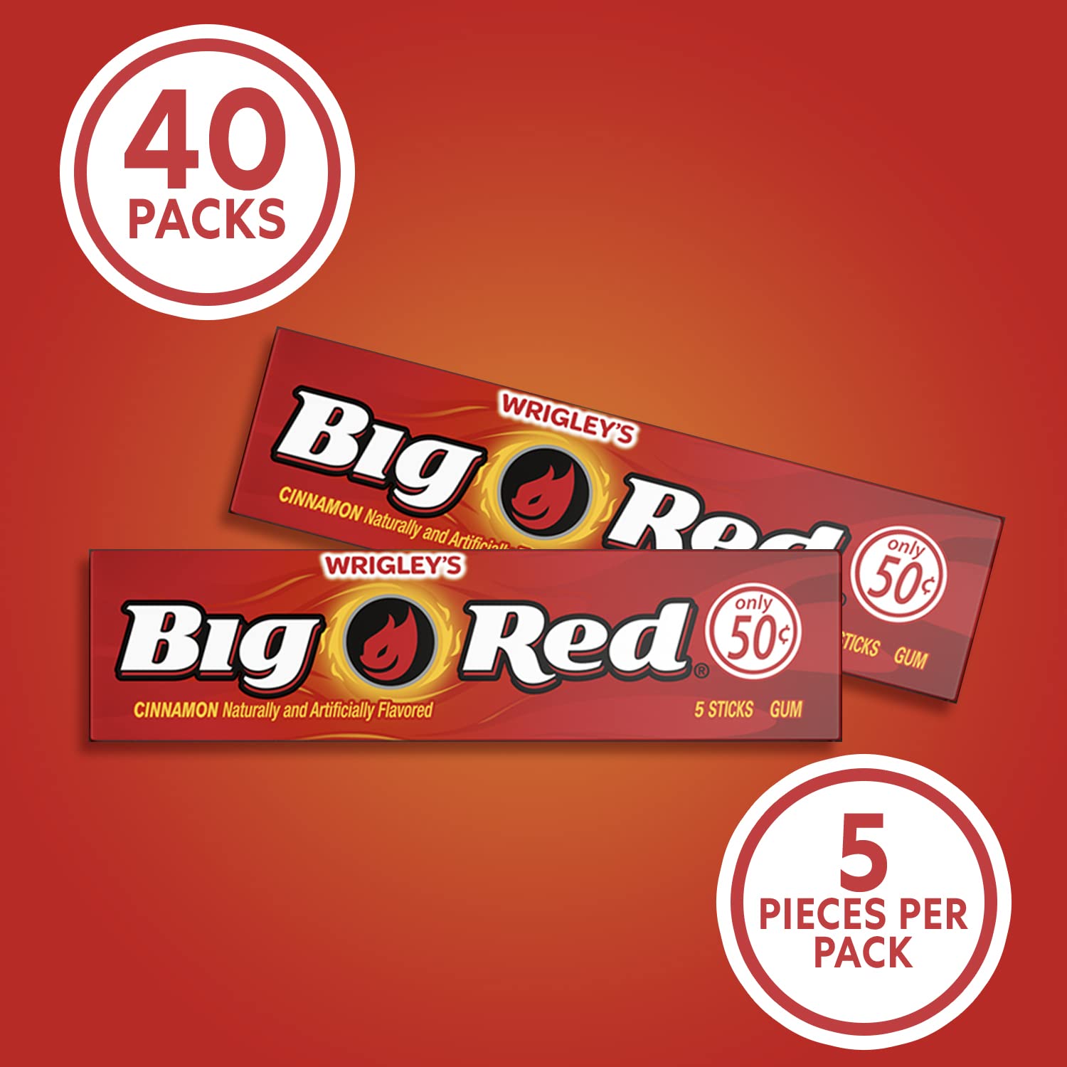 WRIGLEY'S BIG RED Chewing Gum Bulk Pack, 5 Sticks Per Pack (40 Total Packs)