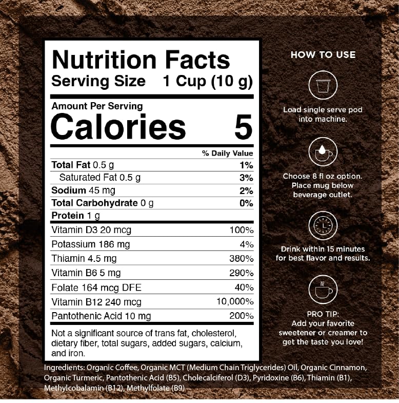 VitaCup Organic Genius Keto Coffee Pods, Increase Energy & Focus w/MCT Oil, Turmeric, B Vitamins, D3, Medium Dark Roast, Bold, Smooth, Single Serve