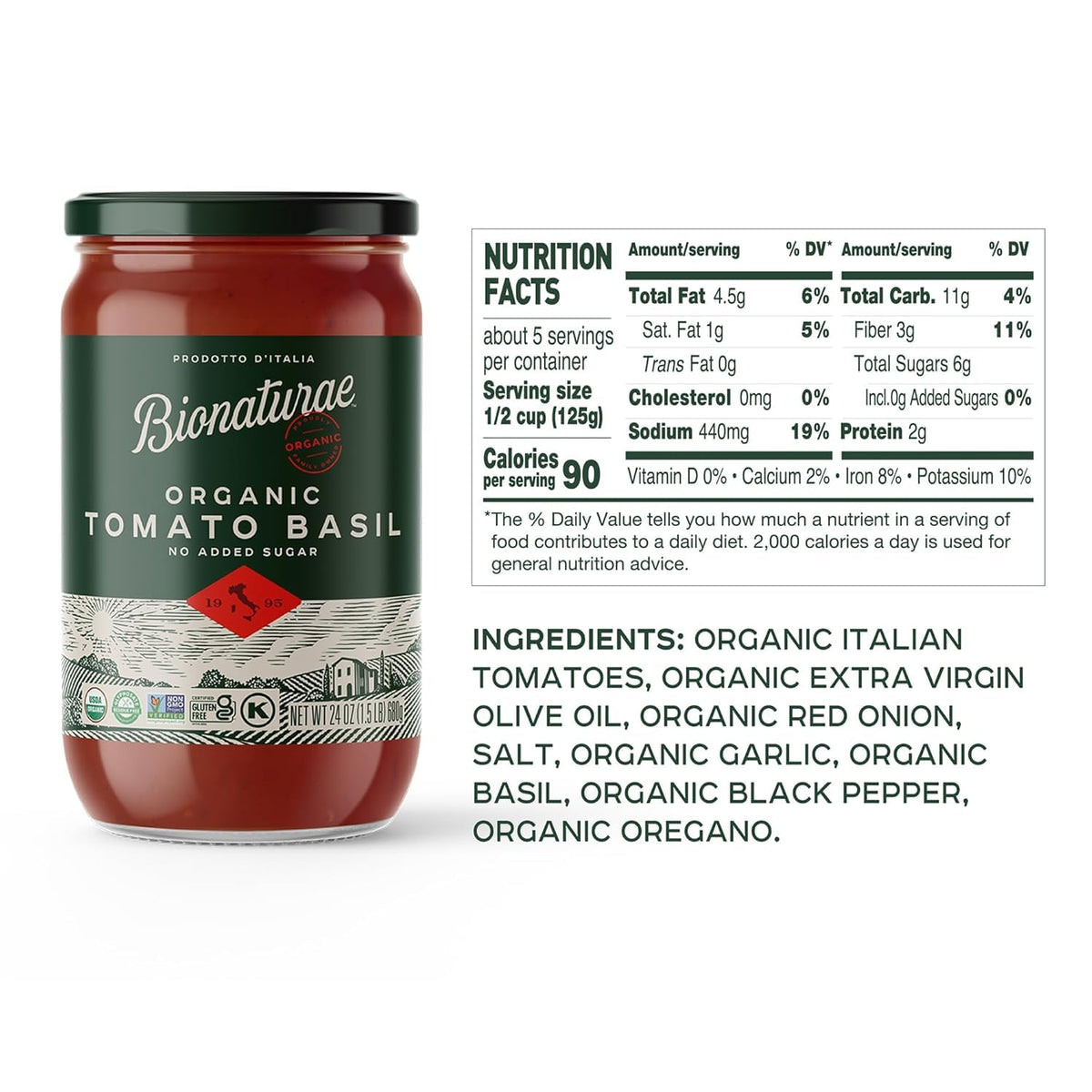 Bionaturae Organic Tomato Basil Pasta Sauce, Pizza, 24 Oz Jar (2 Pack)