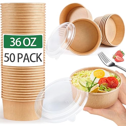 IJRPLM 50 Pack Paper Bowls with Lids, 36 oz Disposable Food Containers, Kraft Paper Salad Bowls, Disposable Soup Bowl, Serving Bowl with Lid