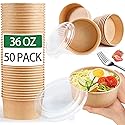 IJRPLM 50 Pack Paper Bowls with Lids, 36 oz Disposable Food Containers, Kraft Paper Salad Bowls, Disposable Soup Bowl, Serving Bowl with Lid