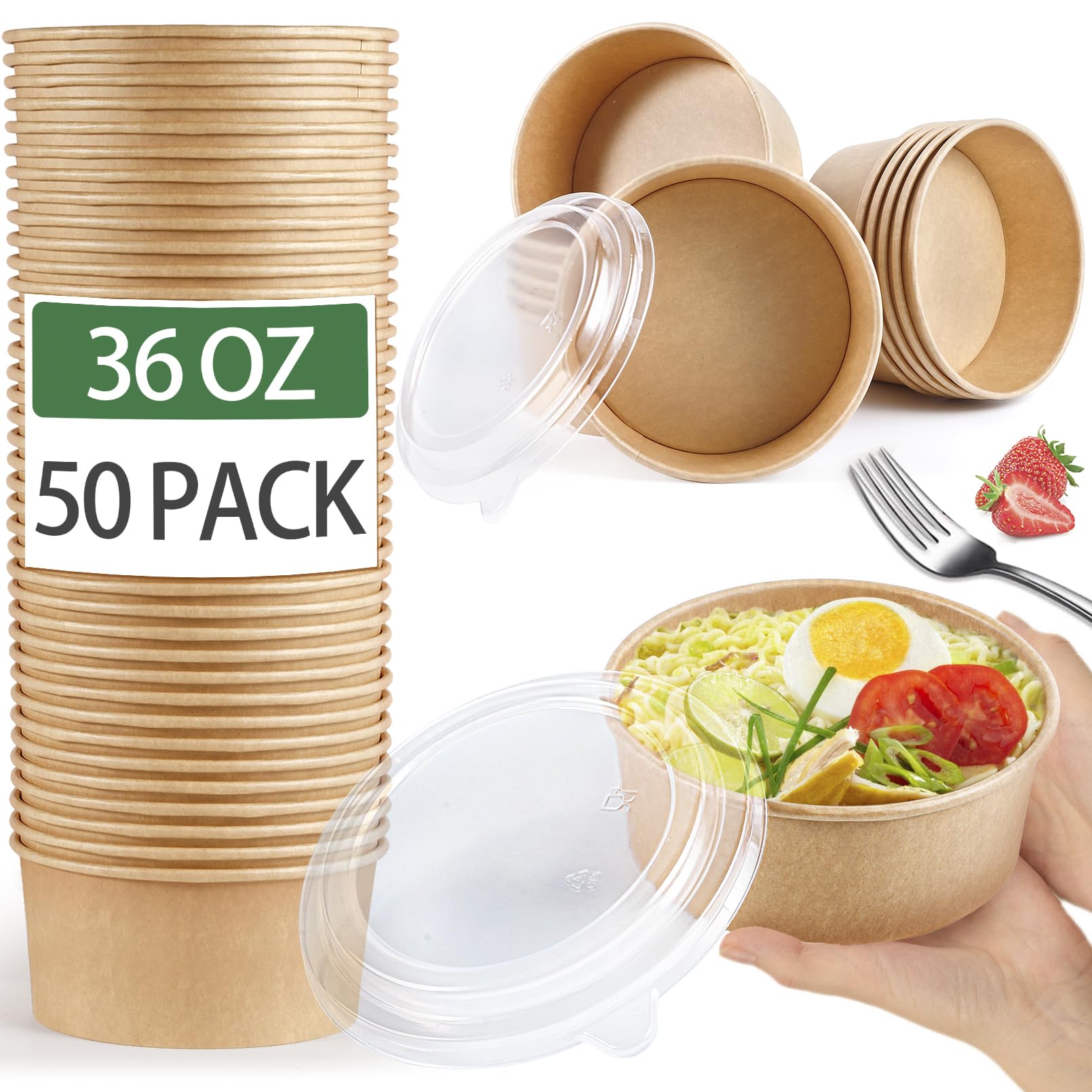 IJRPLM 50 Pack Paper Bowls with Lids, 36 oz Disposable Food Containers, Kraft Paper Salad Bowls, Disposable Soup Bowl, Serving Bowl with Lid