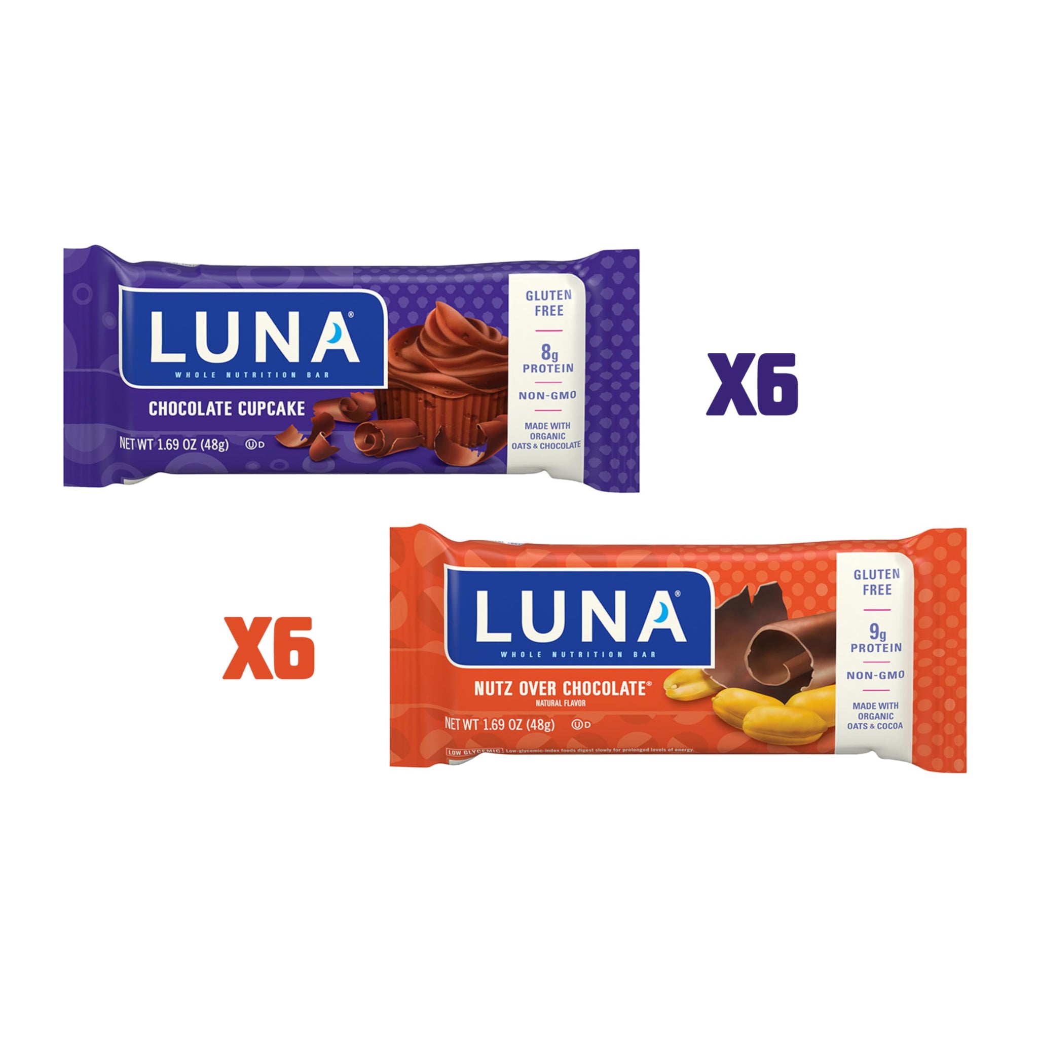 LUNA Bar - Variety Pack - Nutz Over Chocolate and Chocolate Cupcake Flavor - Snack Bars - Non-GMO - Gluten-Free Protein Bars - Made with Organic Oats