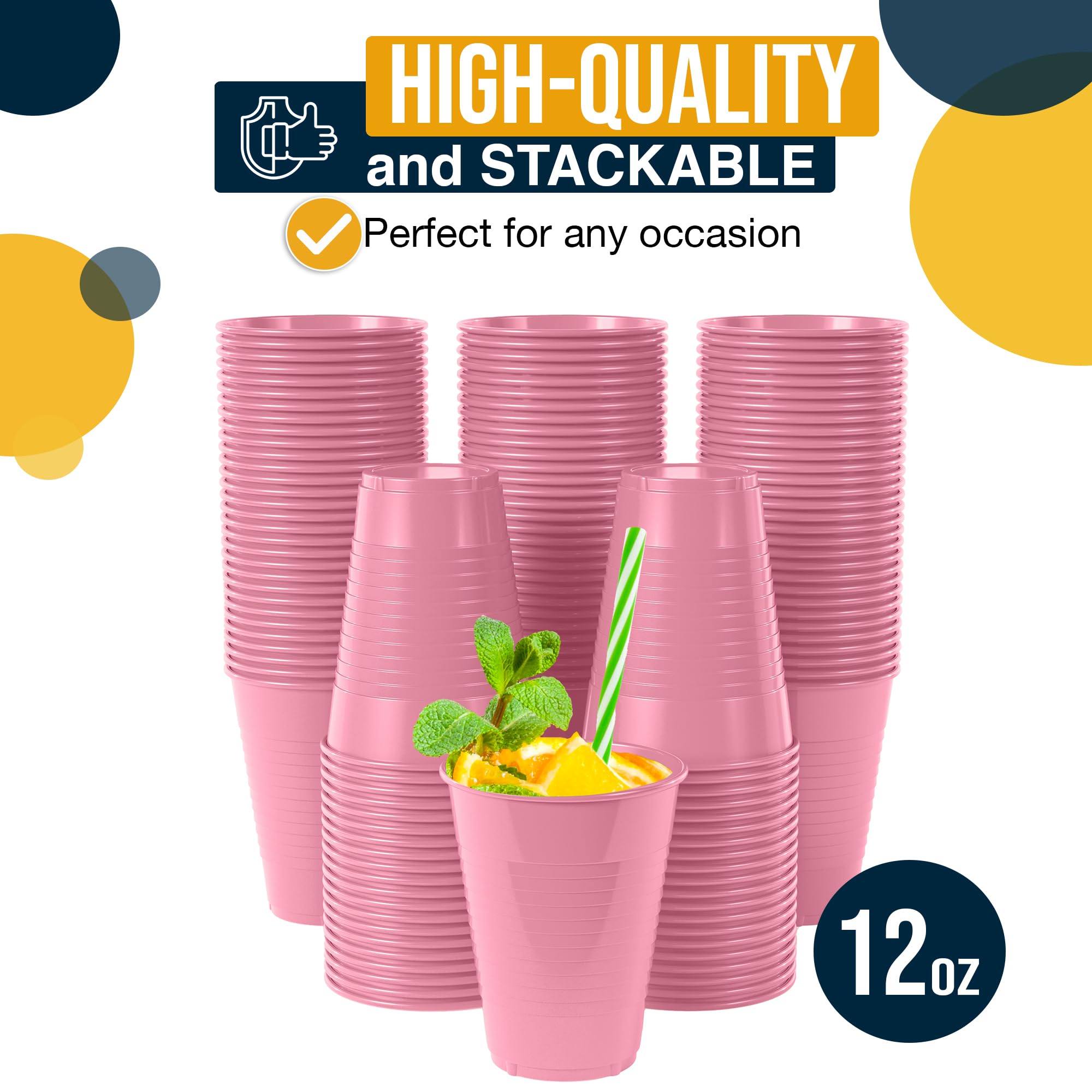 Exquisite Party Solids 12 Oz Pink Plastic Cups For Party Supplies 50 Pack | Pink Disposable Cups Plastic | Disposable Drinkware For Parties, Events