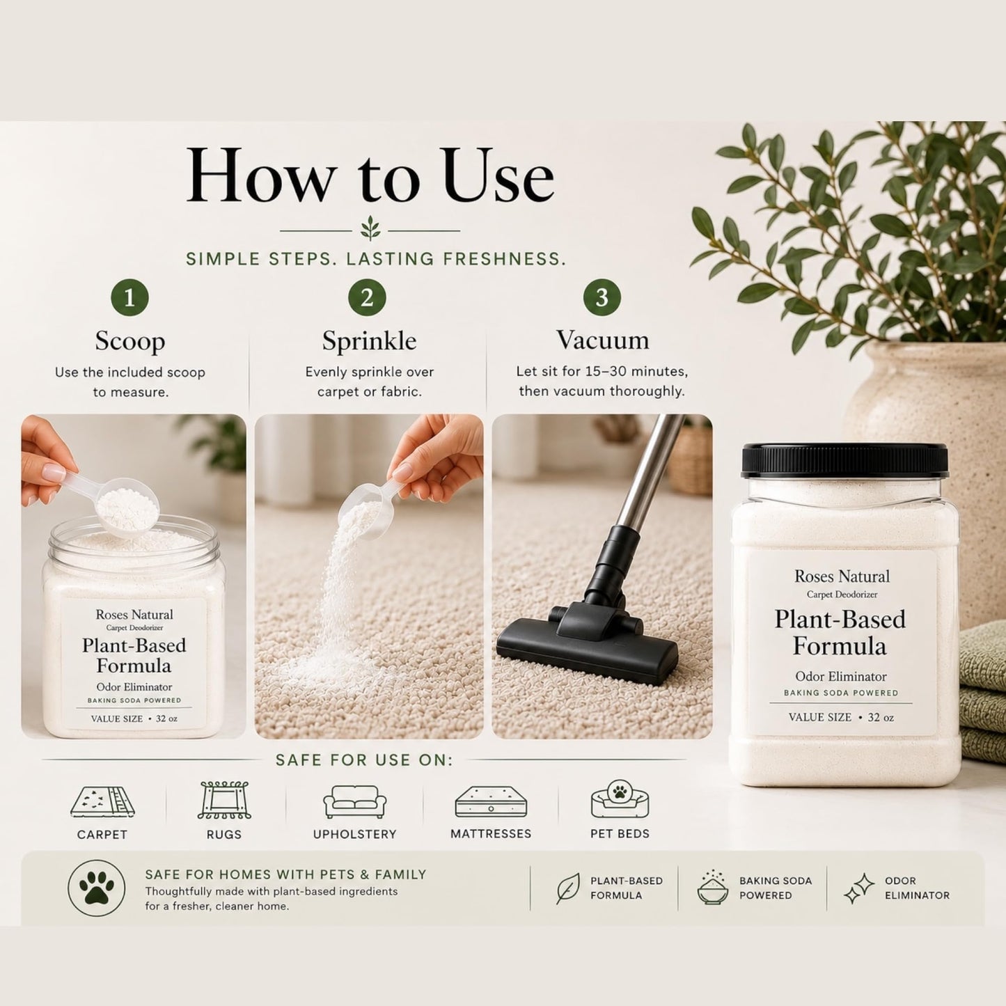 Roses Natural Carpet Deodorizer Powder - 32 oz Value Size | Plant-Based Baking Soda Formula | Odor Eliminator for Carpets, Rugs, Upholstery & Pet Beds