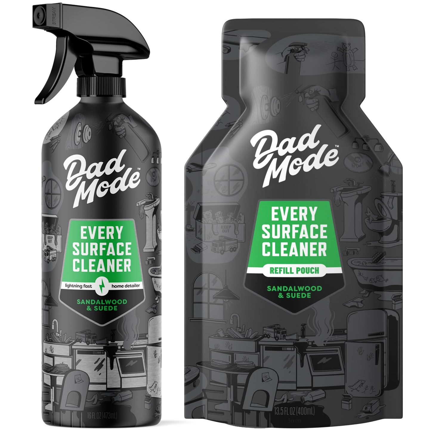 DadMode Everyday Surface Cleaner, Value Pack, 16oz Bottle + 13.5oz Refill, Cleans Home, Kitchen, Garage, Plant-Based Formula, Sandalwood & Suede
