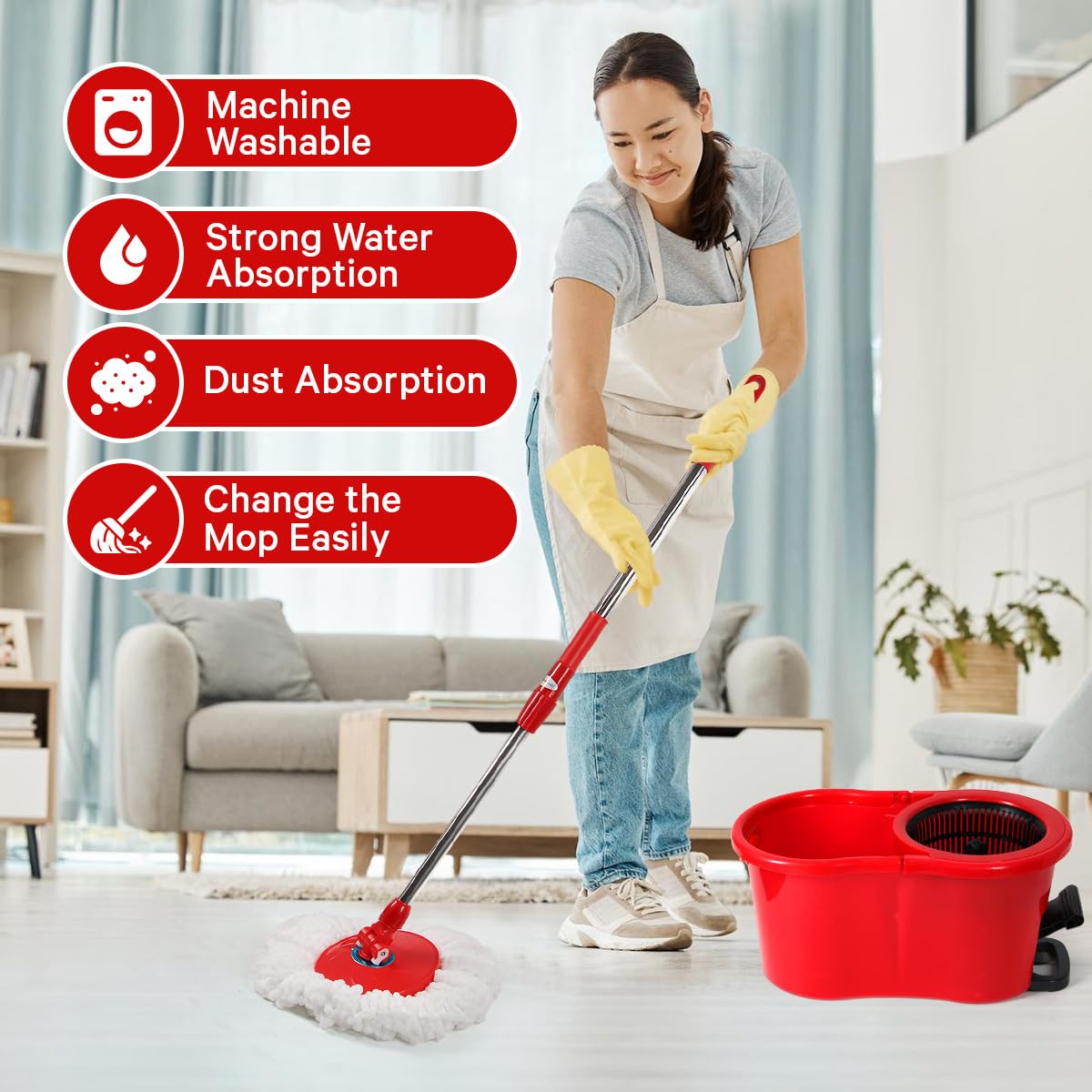 Pedal Spin Mop and 7LT Bucket Floor Cleaning System with 3 Extra Microfiber Mop Replacement Refills - Labor-Saving Foot Pressure Spin Mop