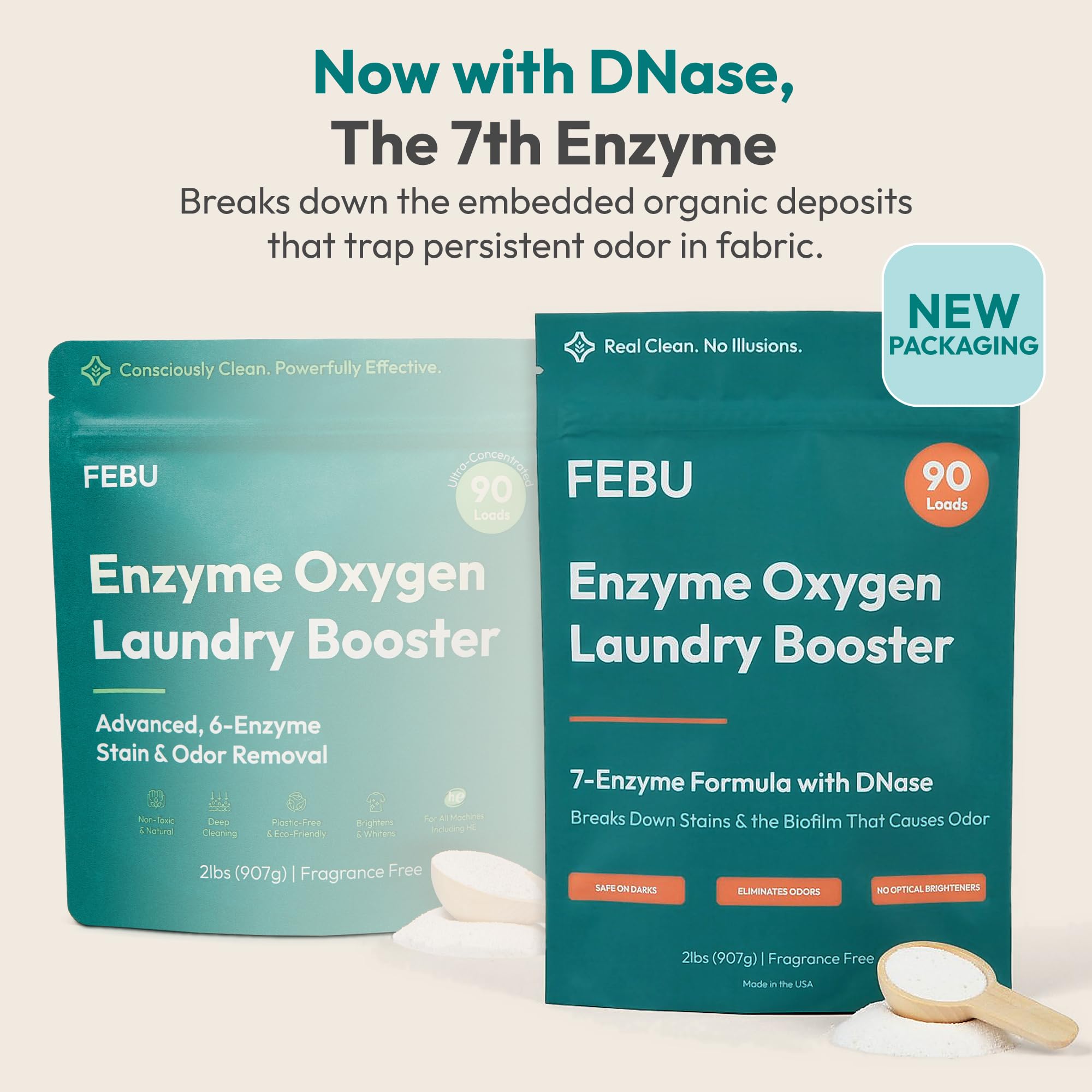 FEBU Enzyme Oxygen Laundry Booster | 7-Enzymes Including DNase | Odor Eliminator & Stain Remover for Sweat, Pet & Musty Odors | Concentrated Powder