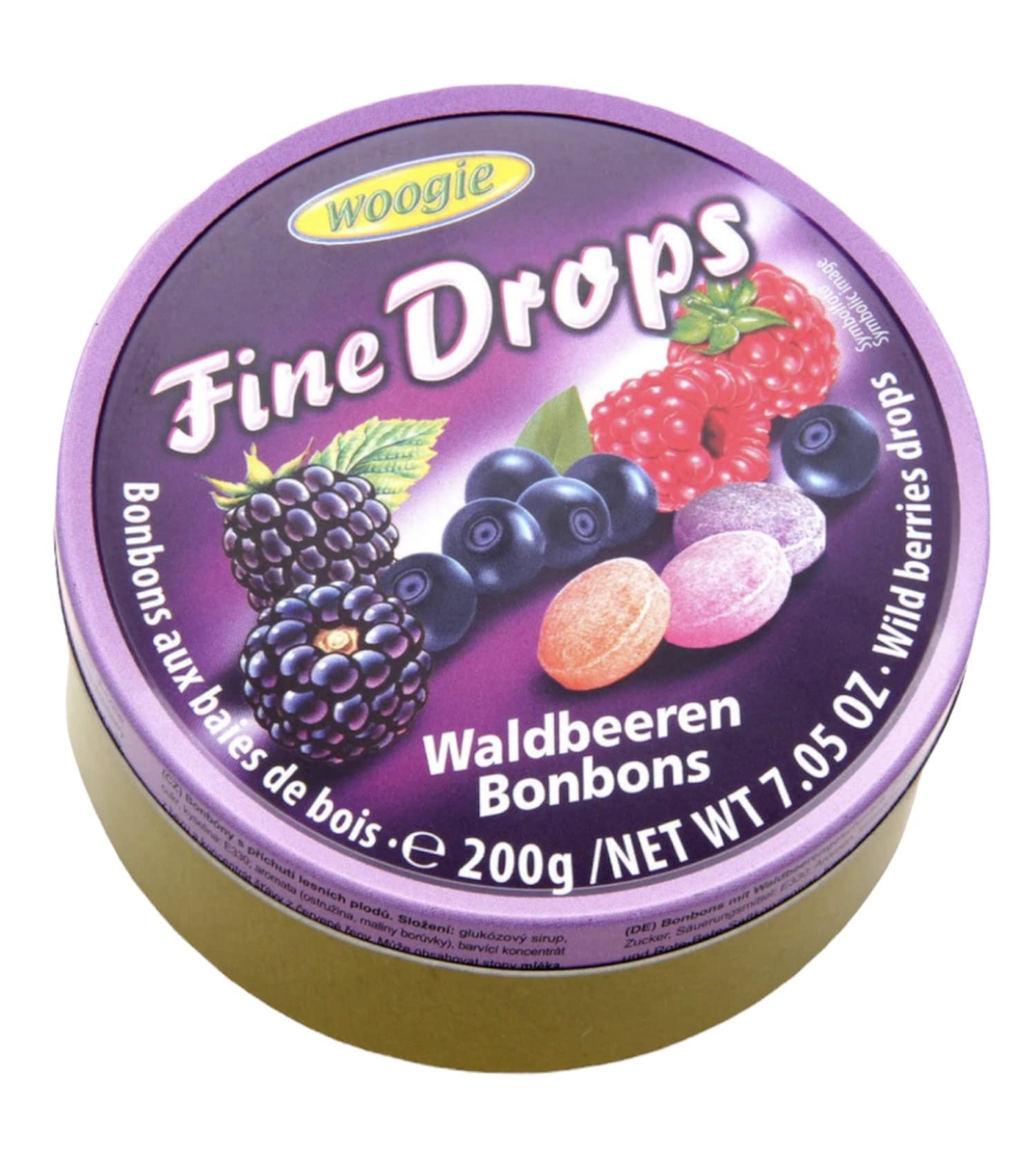 Woogie Refreshing Fine Drops of Wild Berry Candies(Forest Berries Bonbons) in Easy Resealable Round Can For Fresh Breath, Delicious Snack 200 g / 7.05
