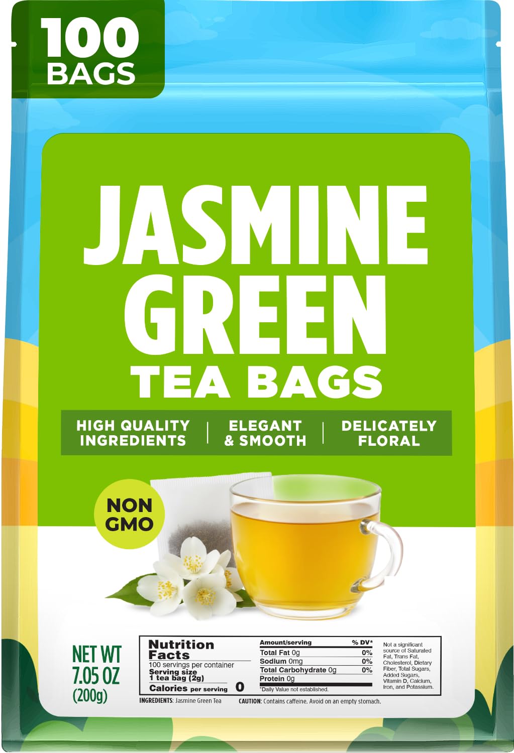 Gya Tea Co Jasmine Green Tea Bags (100 Bags) - Caffeinated Green Tea With Jasmine, Delicate, Floral & Sweet Aroma & Taste, Enjoy Hot Or Iced